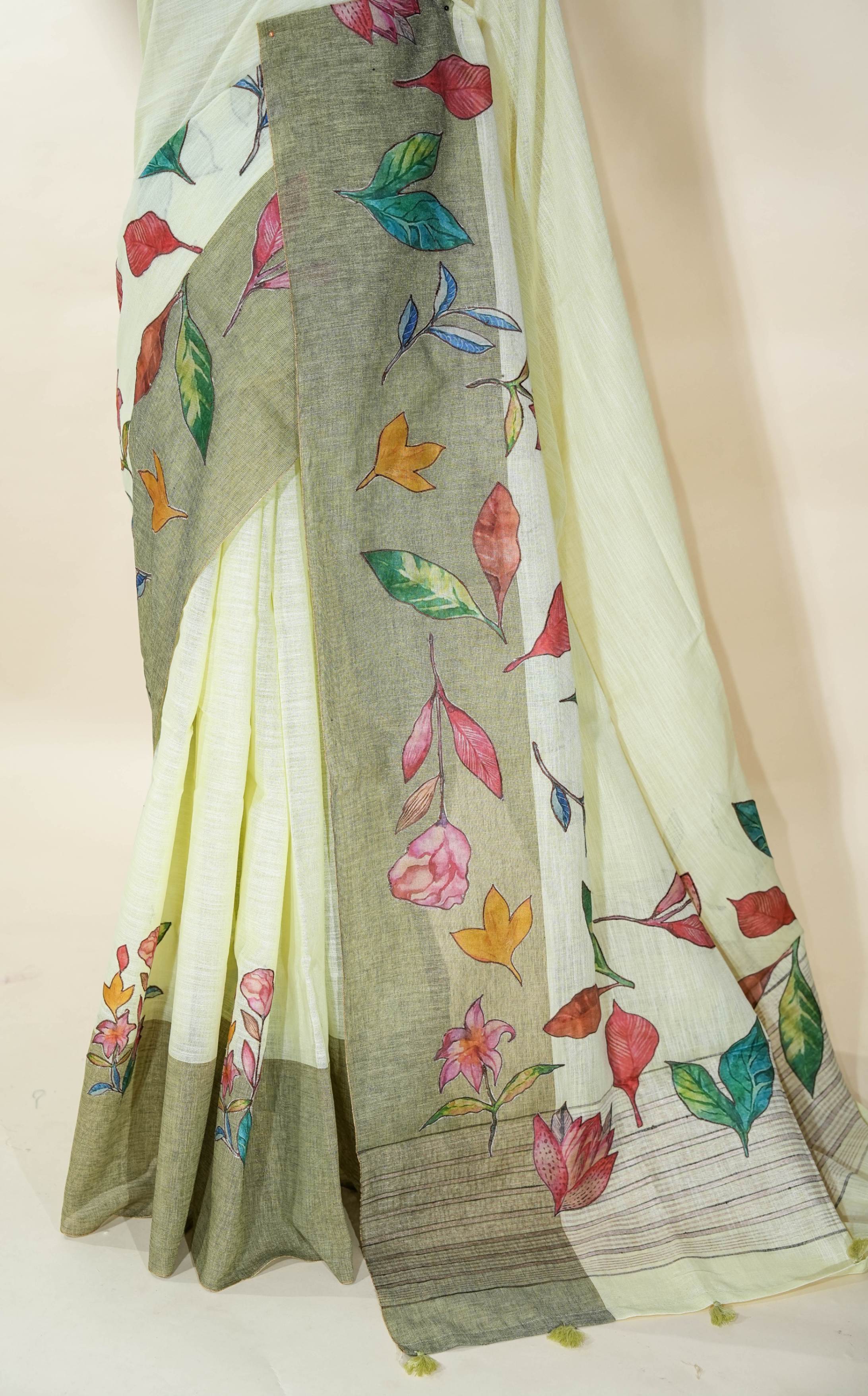 Off White Printed Embroidery Khadi Saree