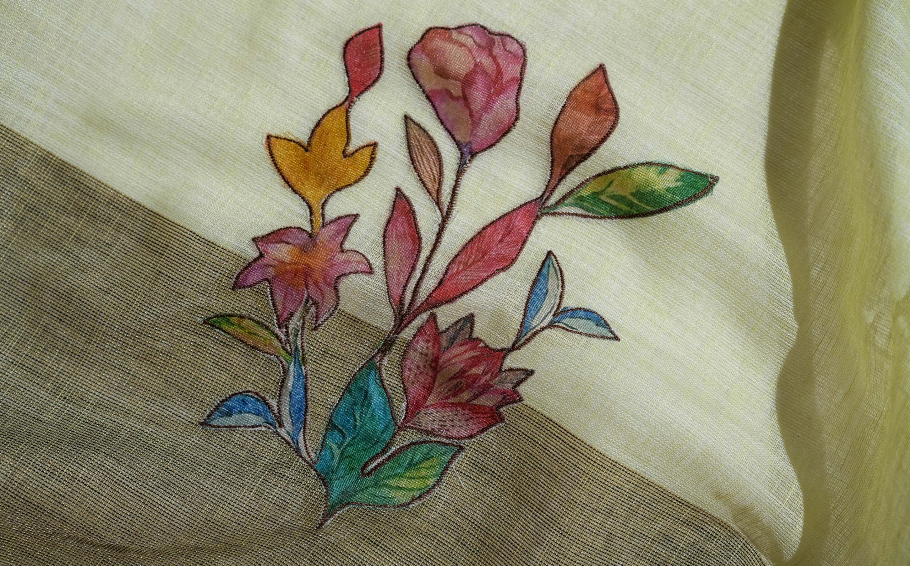 Off White Printed Embroidery Khadi Saree