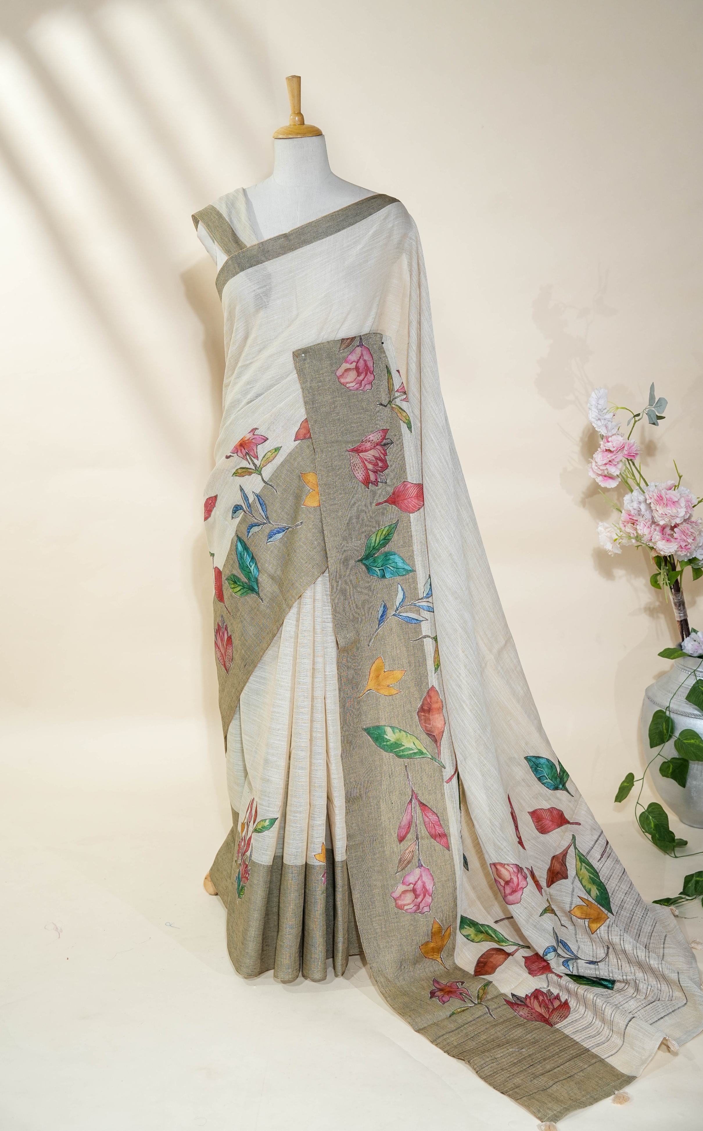 Off White Printed Embroidery Khadhi Saree
