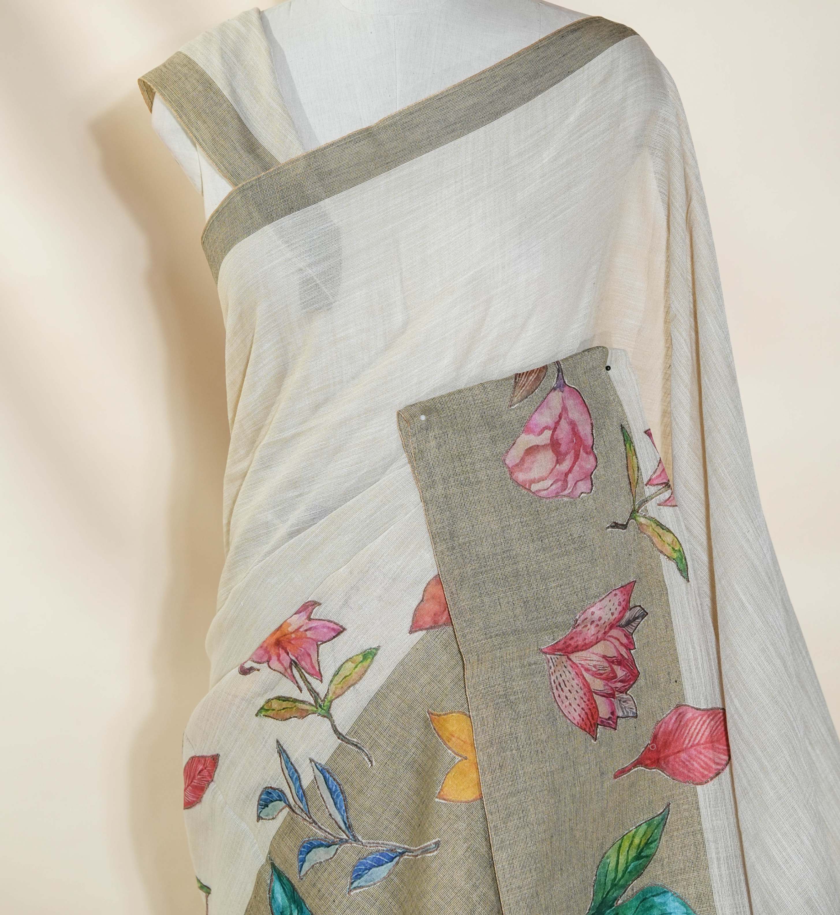 Off White Printed Embroidery Khadhi Saree