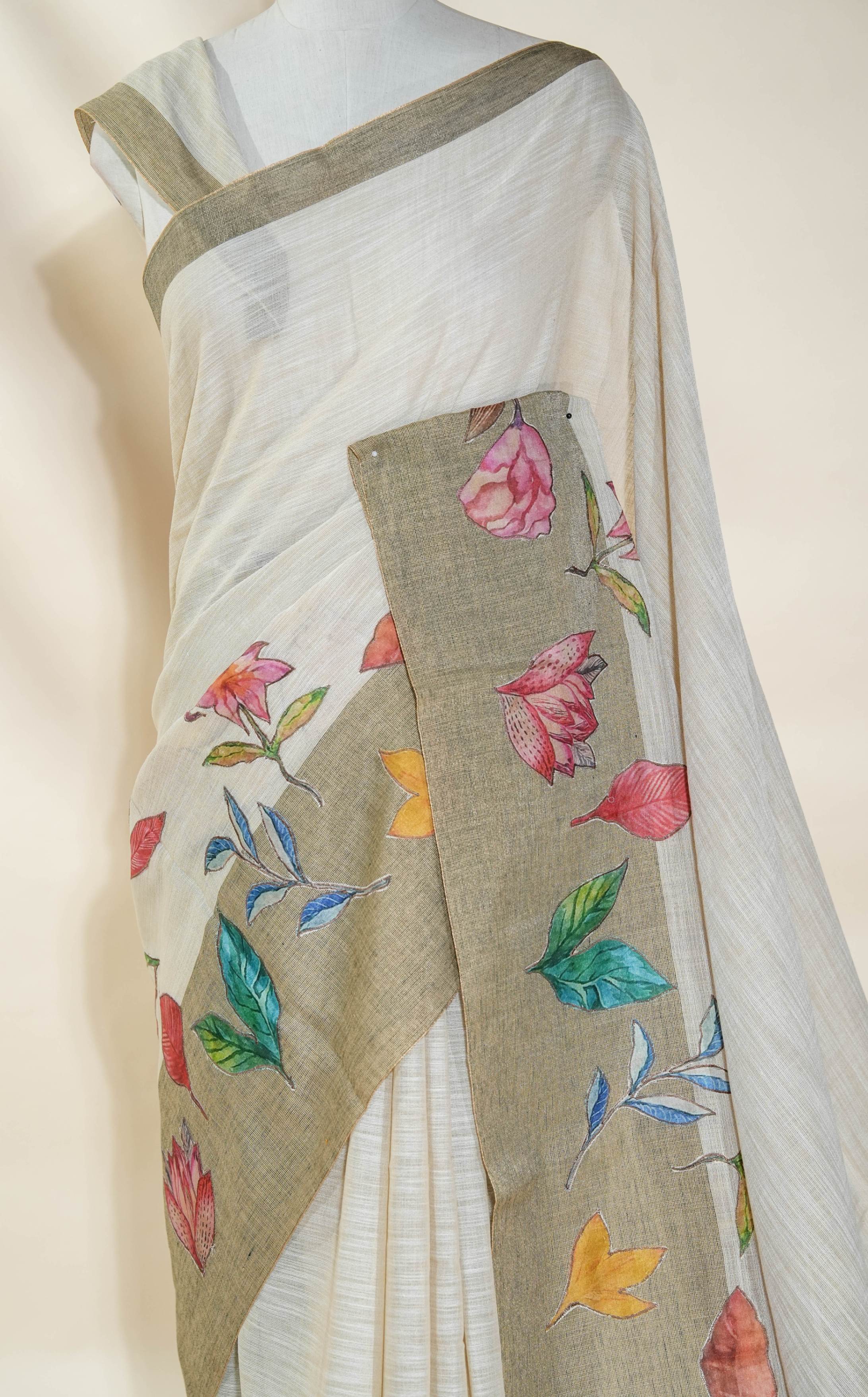 Off White Printed Embroidery Khadhi Saree