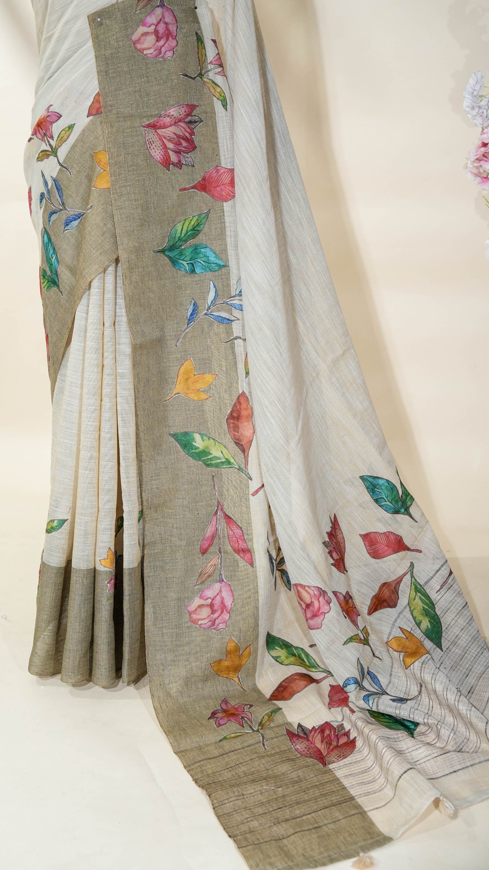 Off White Printed Embroidery Khadhi Saree