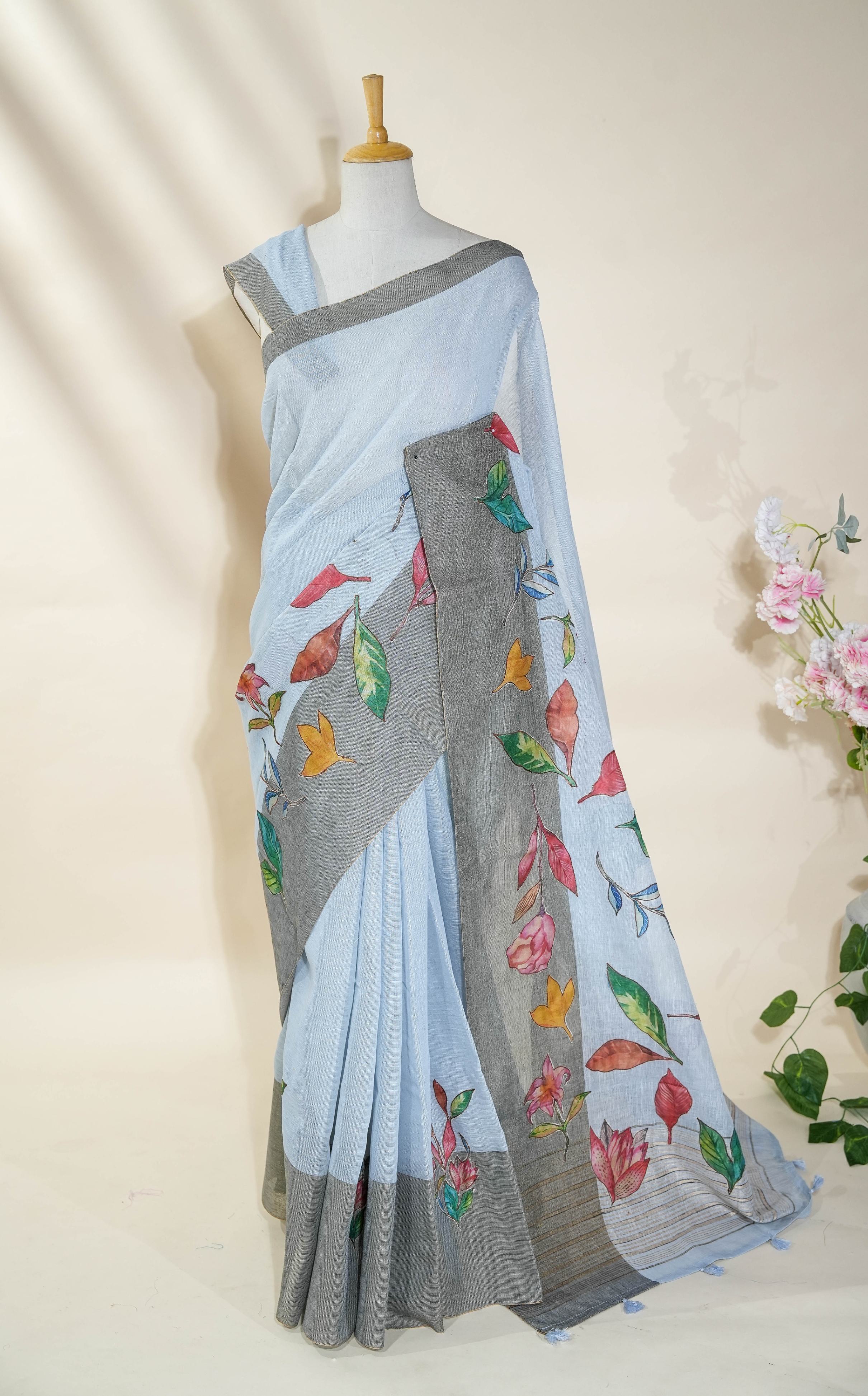 Grey Printed Embroidery Khadi Saree