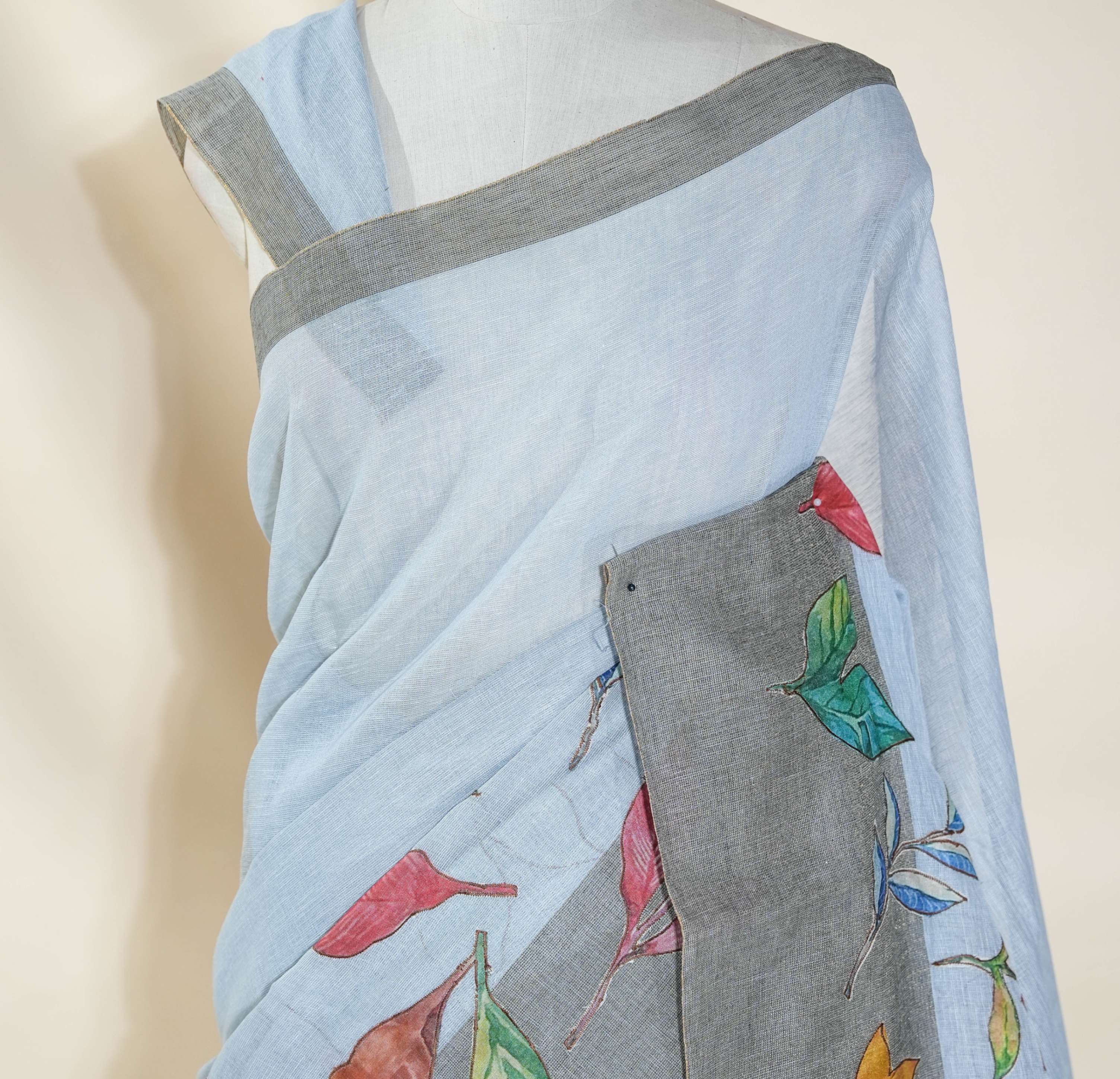 Grey Printed Embroidery Khadi Saree