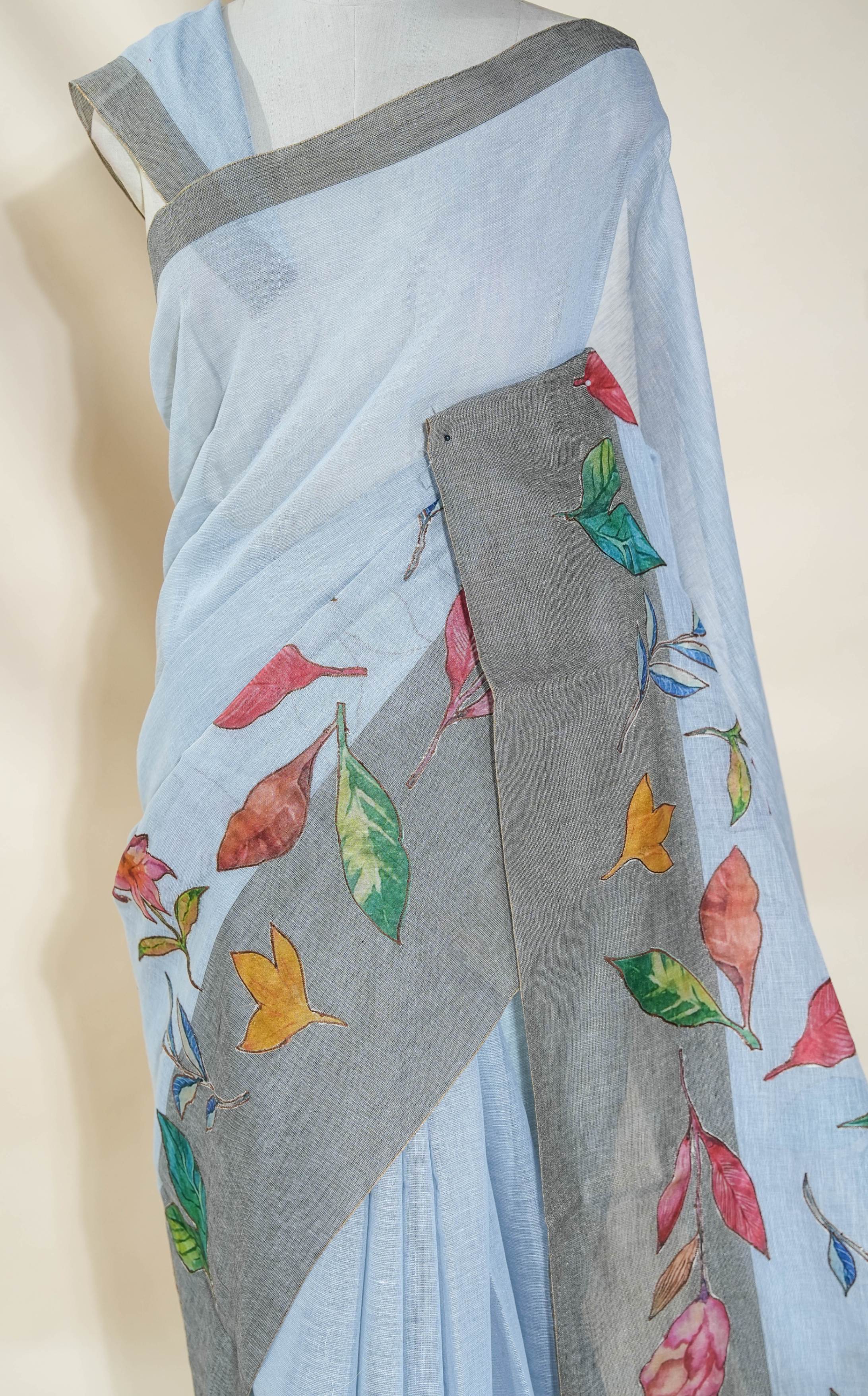 Grey Printed Embroidery Khadi Saree