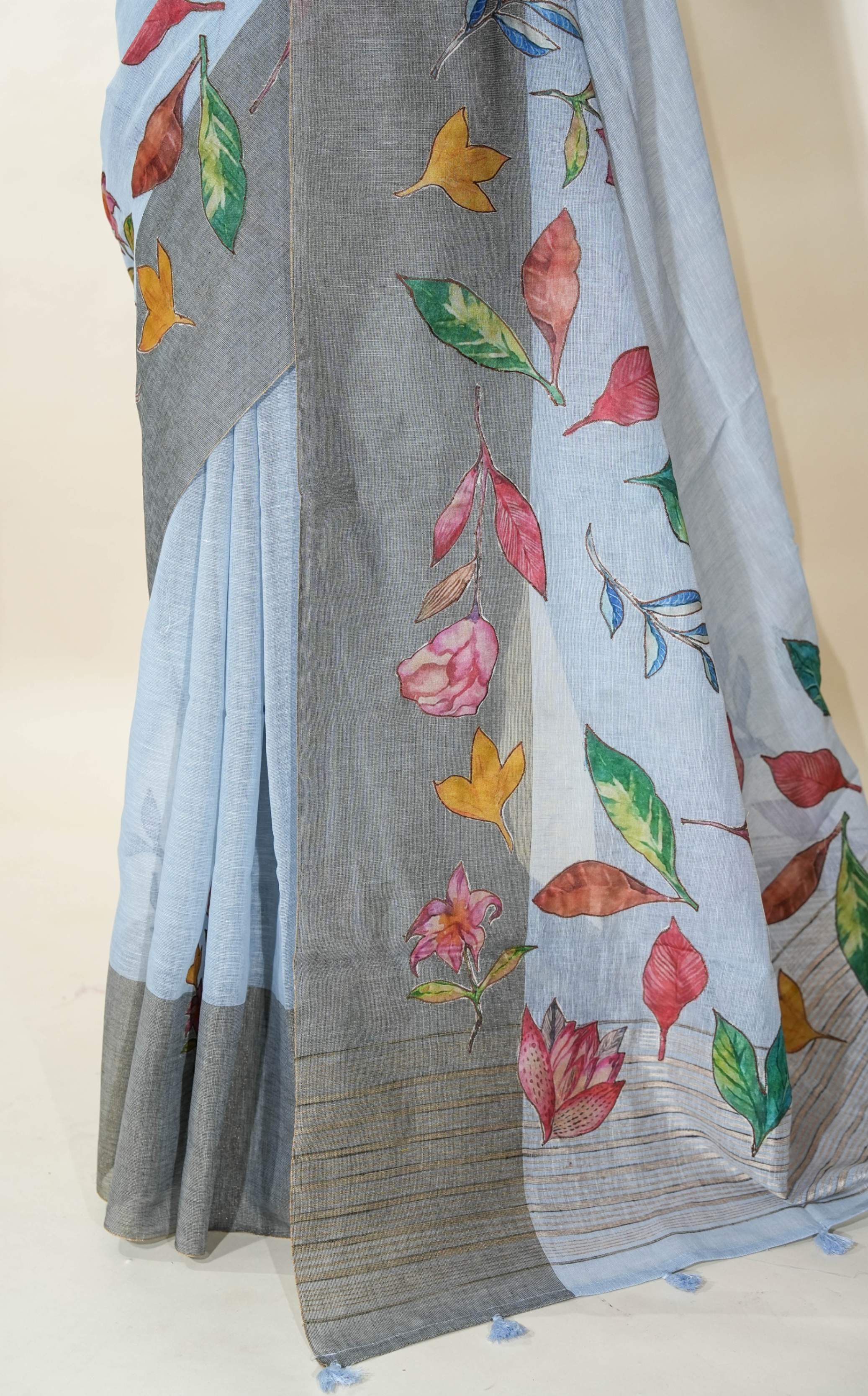 Grey Printed Embroidery Khadi Saree