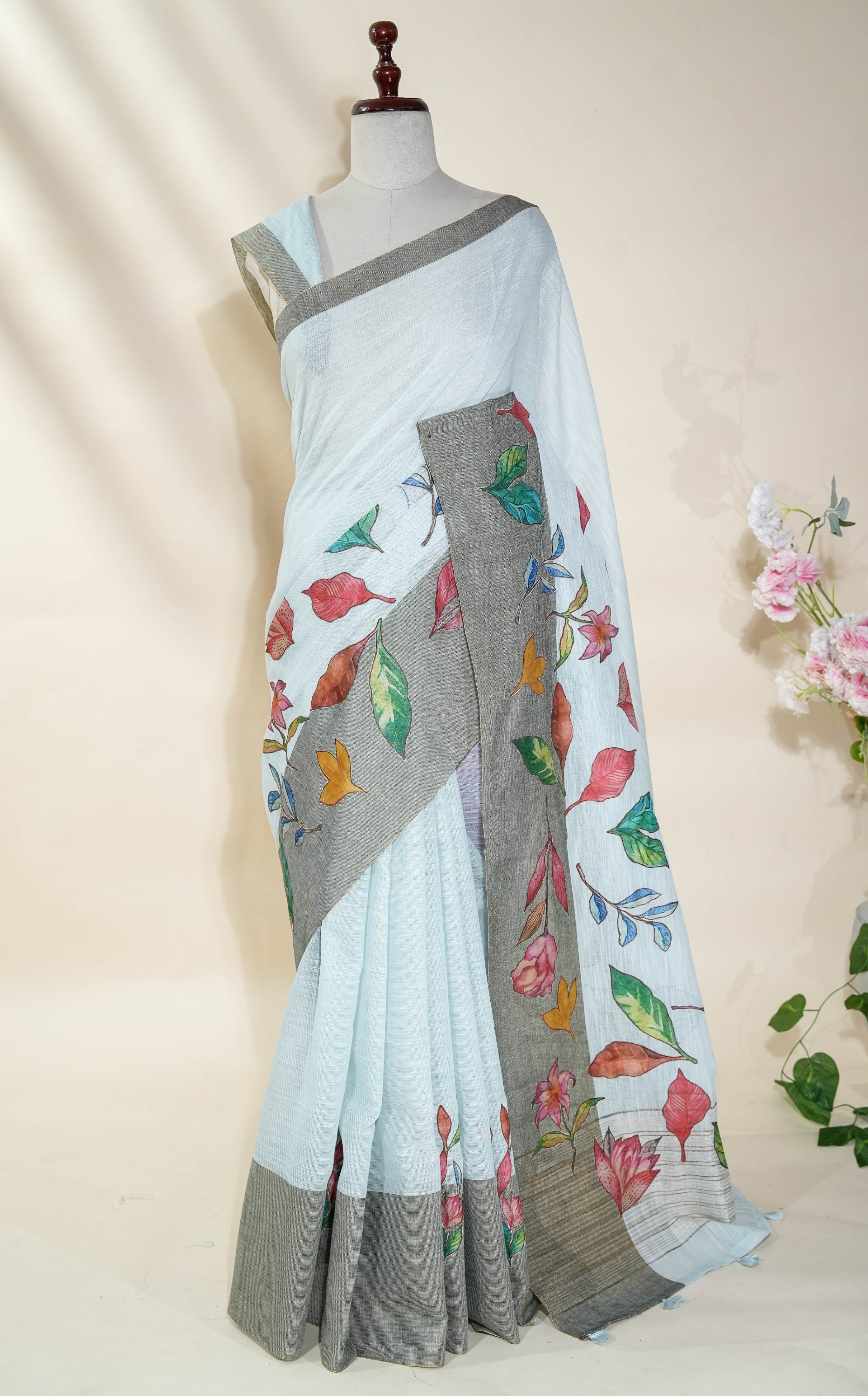 Grey Printed Embroidery Khadi Saree