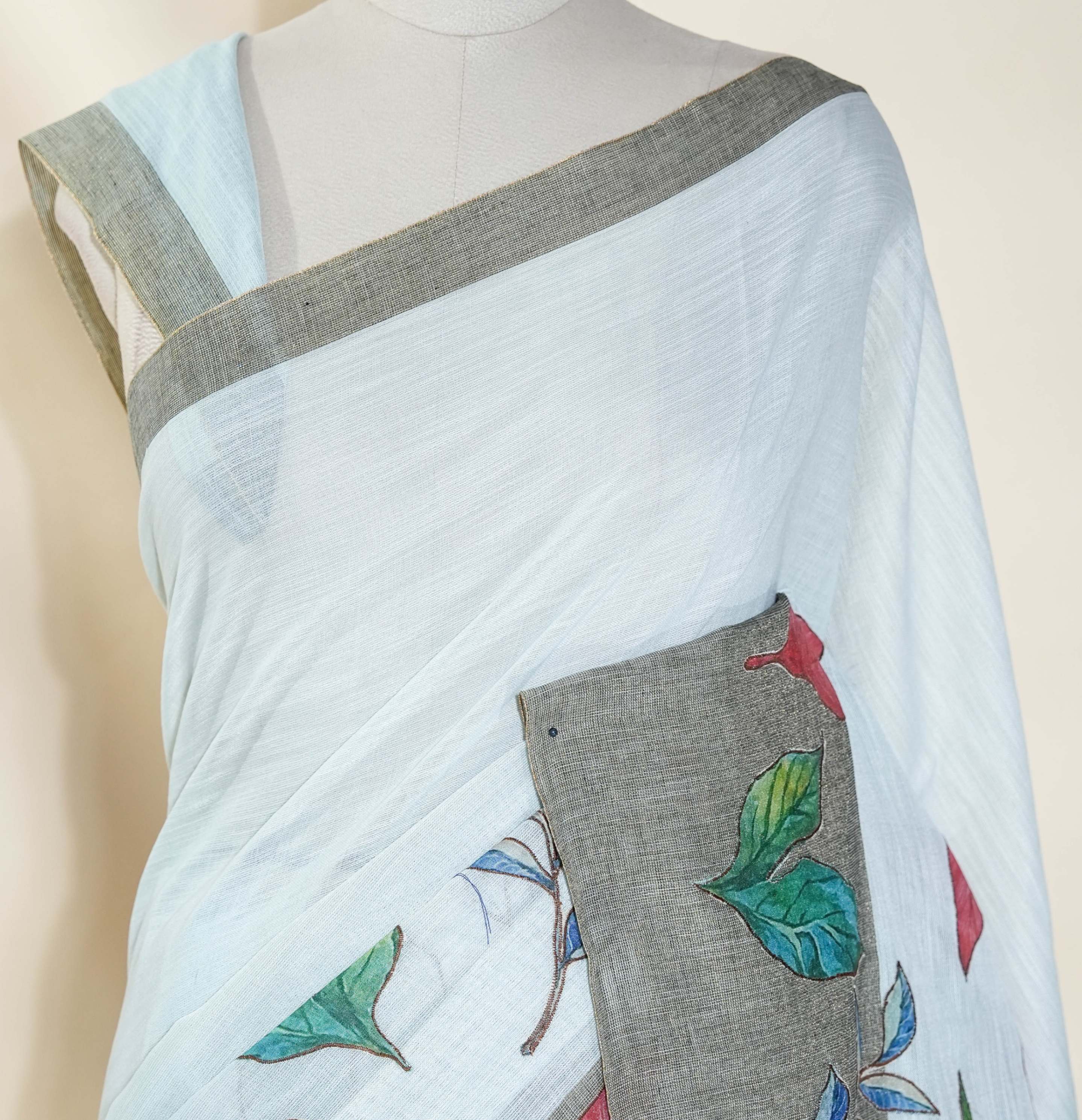 Grey Printed Embroidery Khadi Saree