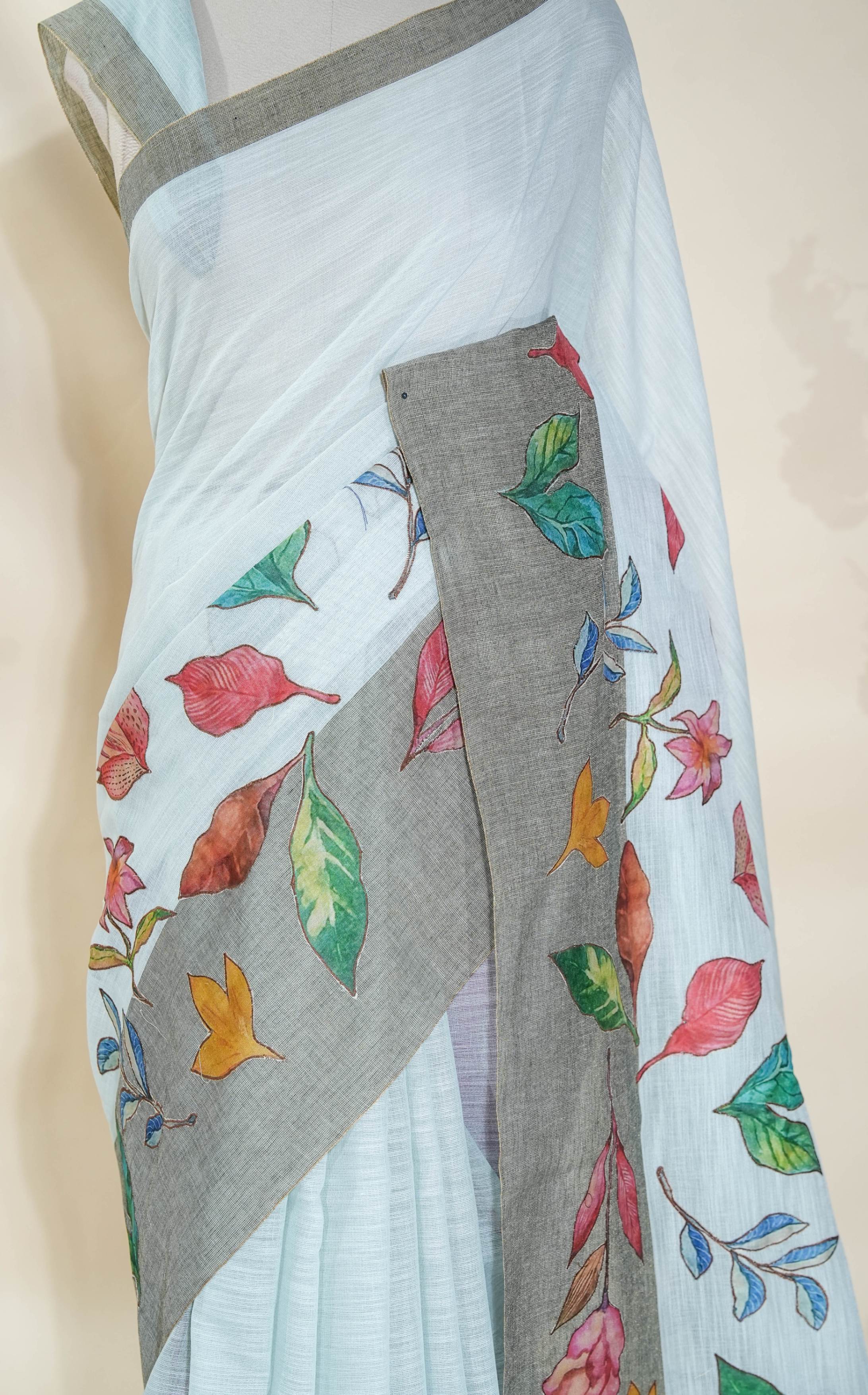 Grey Printed Embroidery Khadi Saree
