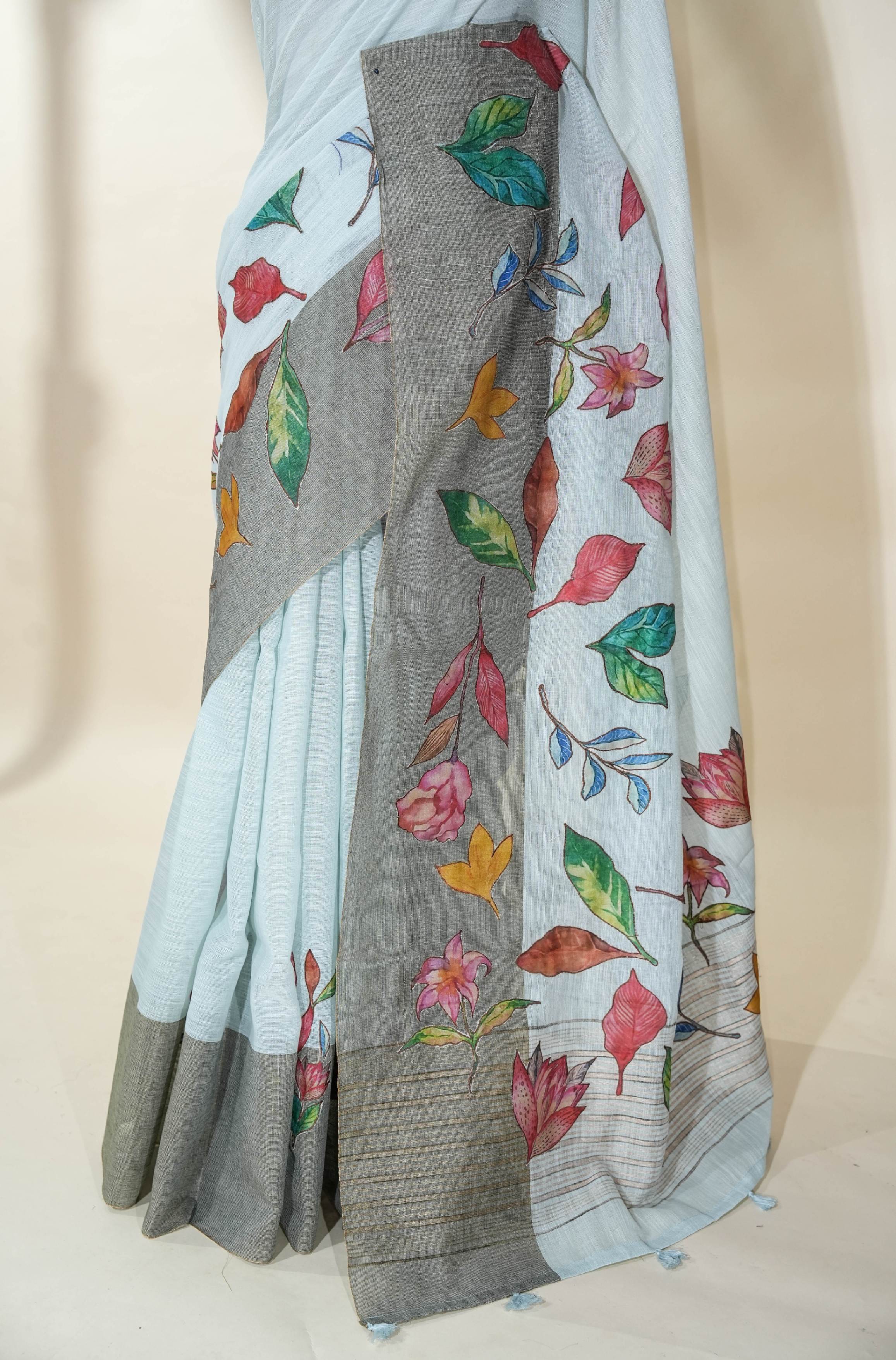 Grey Printed Embroidery Khadi Saree
