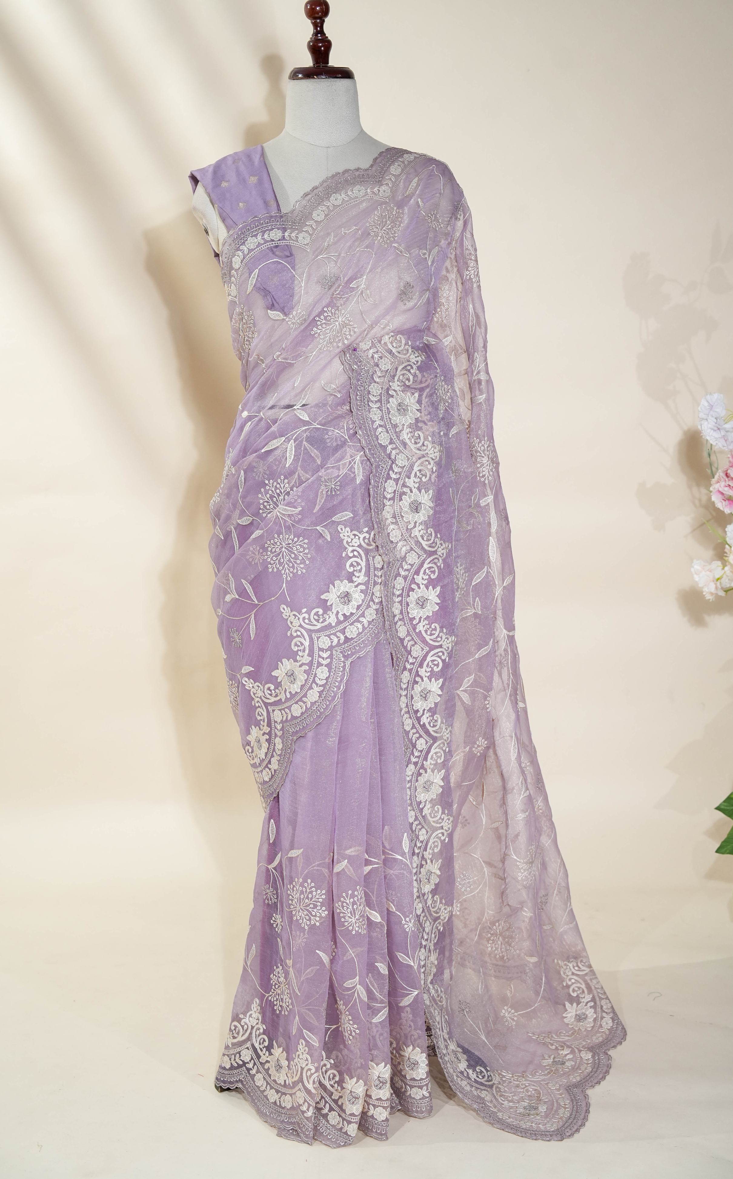 Purple Embroidery Organza Saree