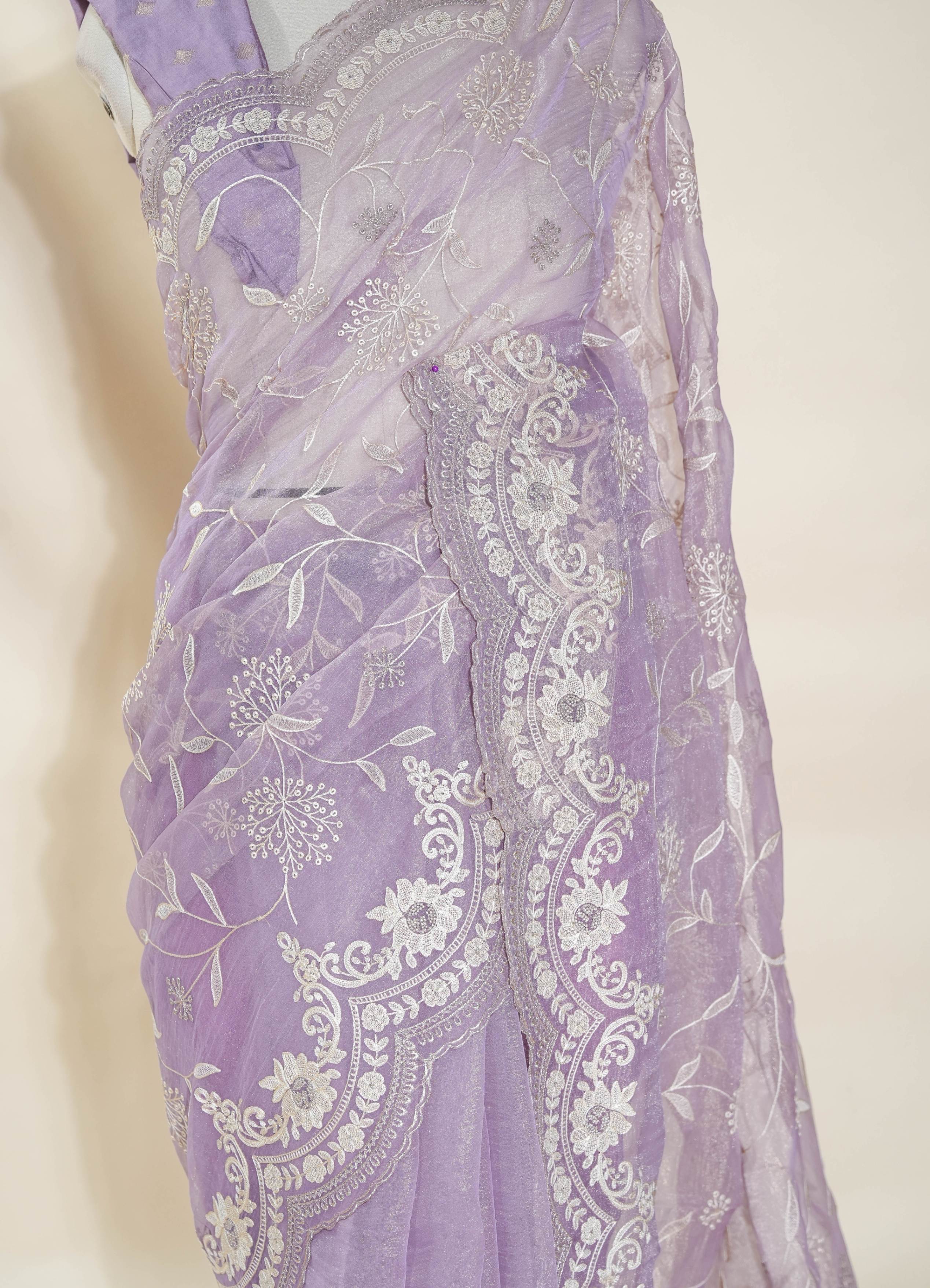 Purple Embroidery Organza Saree