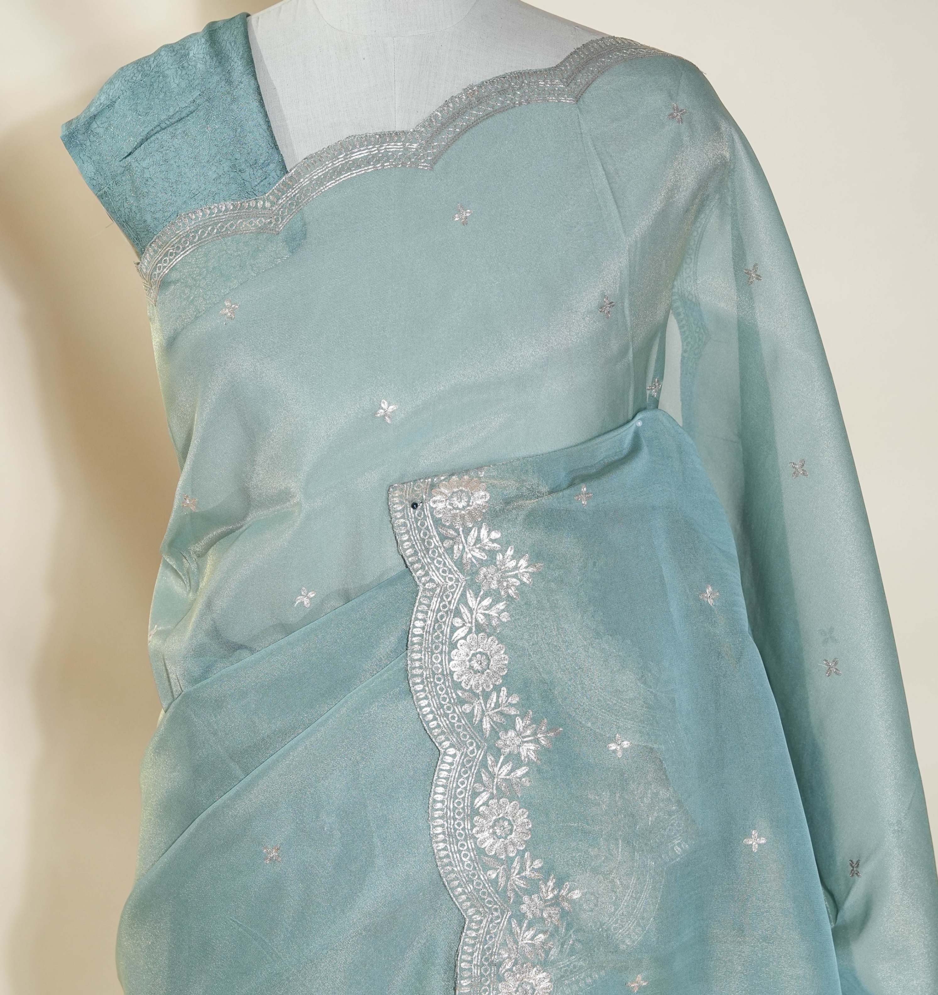 Grey Embroidery Tissue Saree