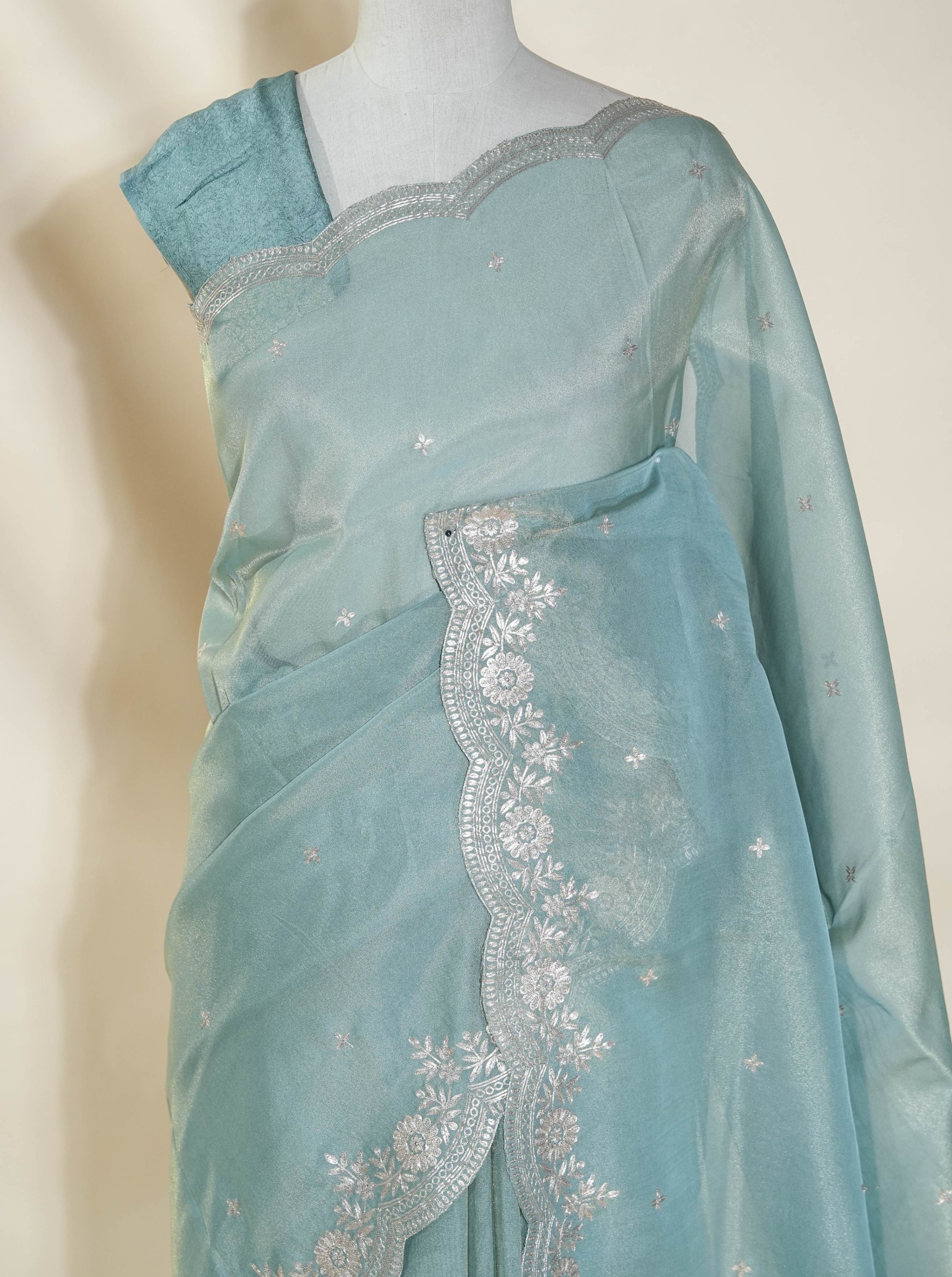 Grey Embroidery Tissue Saree