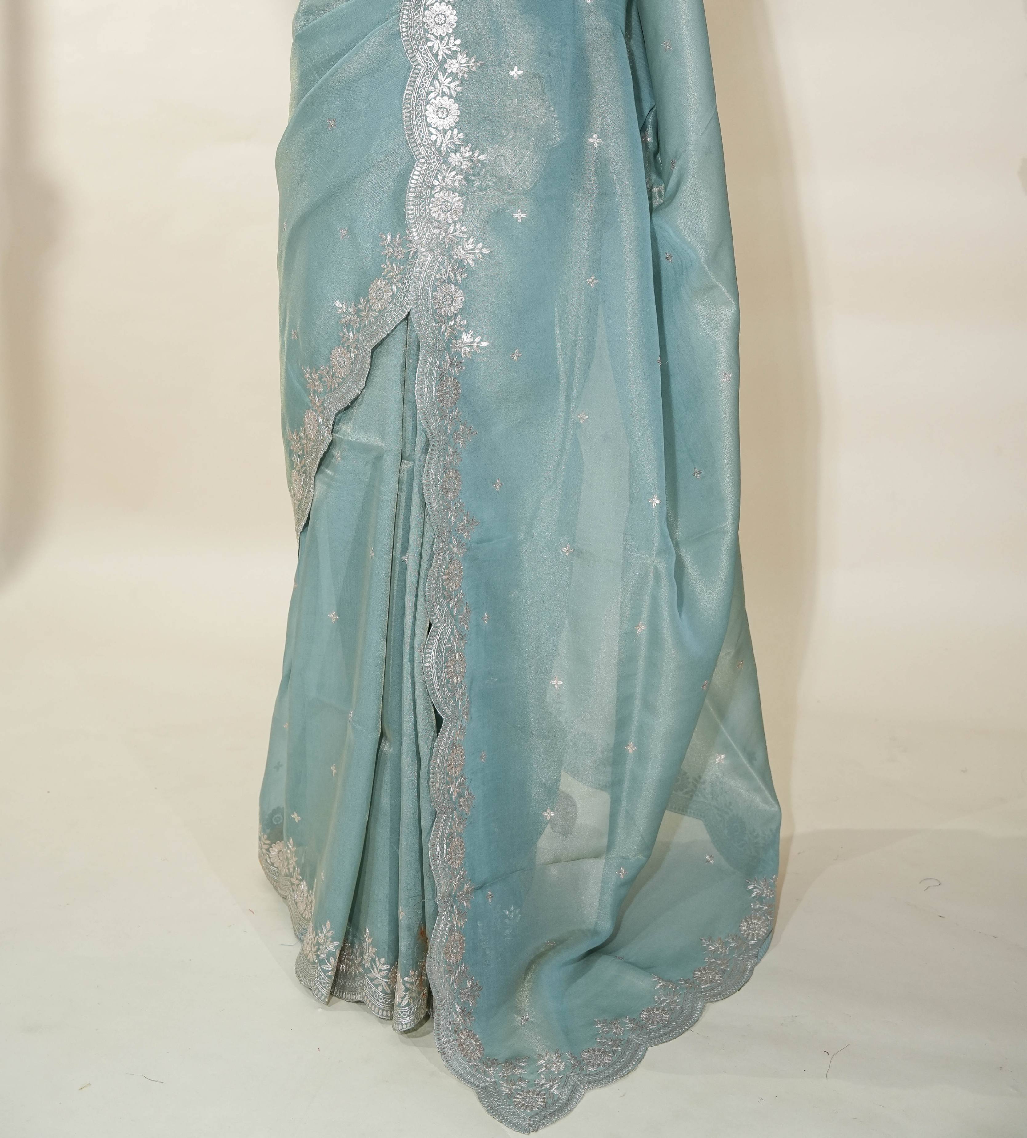 Grey Embroidery Tissue Saree