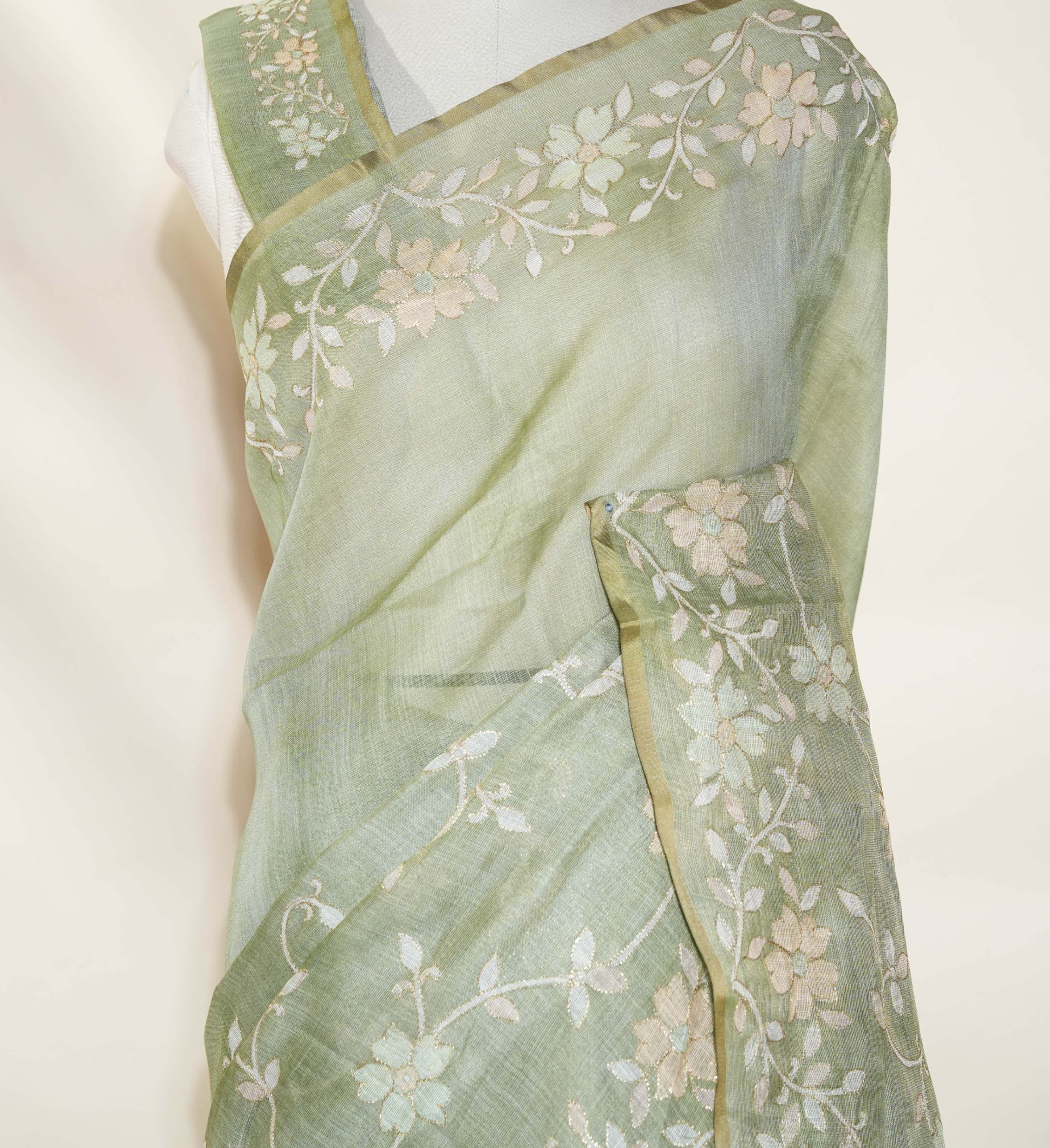 Green Printed Embroidery Tissue Saree