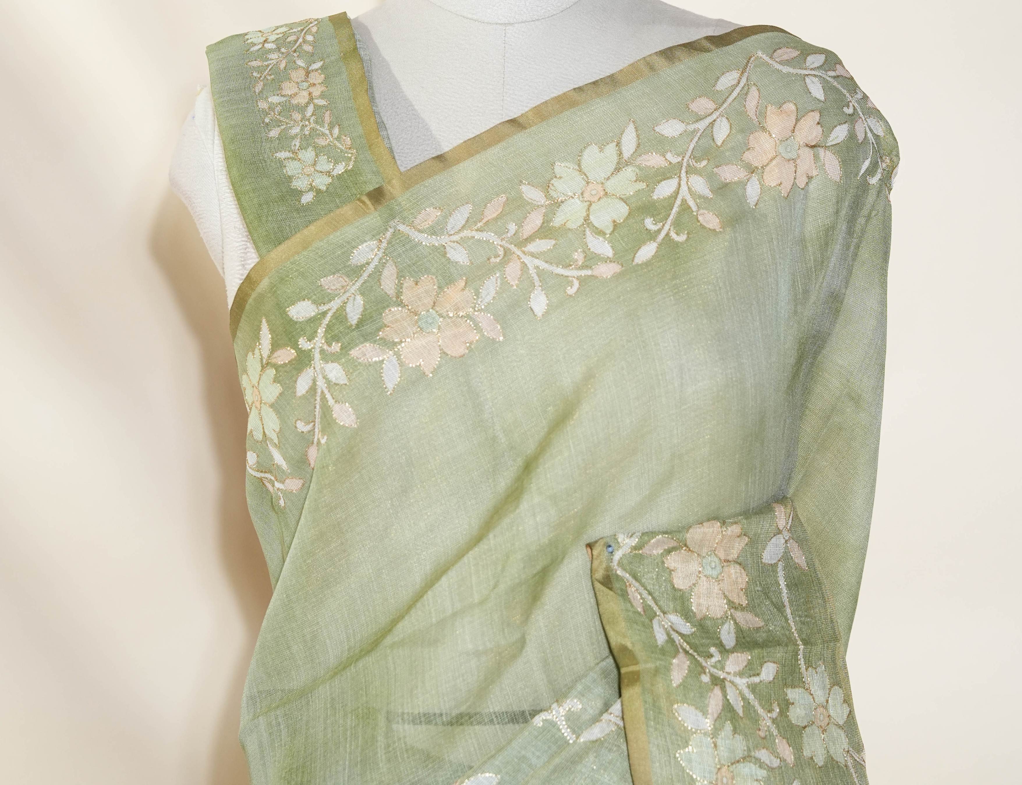 Green Printed Embroidery Tissue Saree