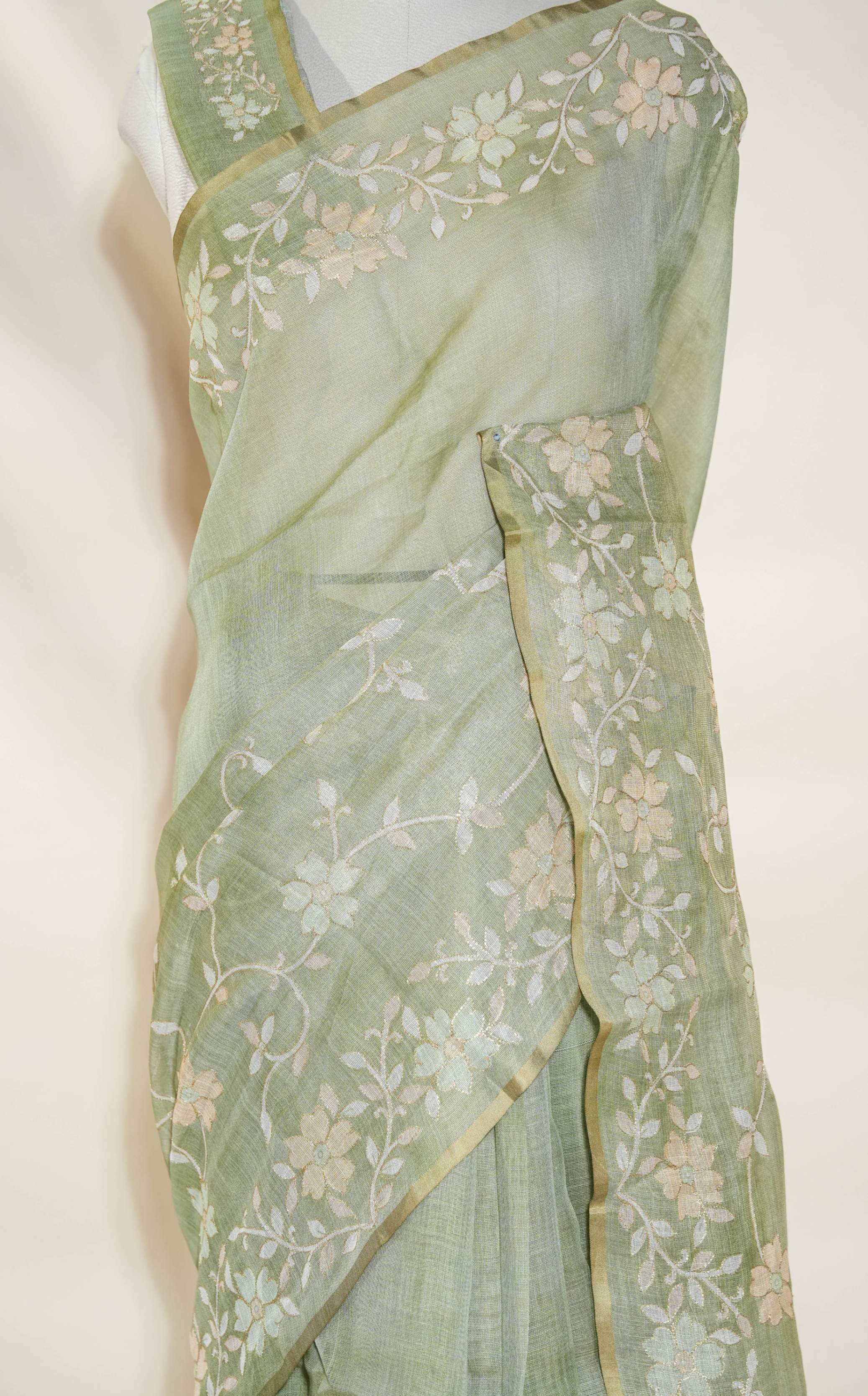 Green Printed Embroidery Tissue Saree