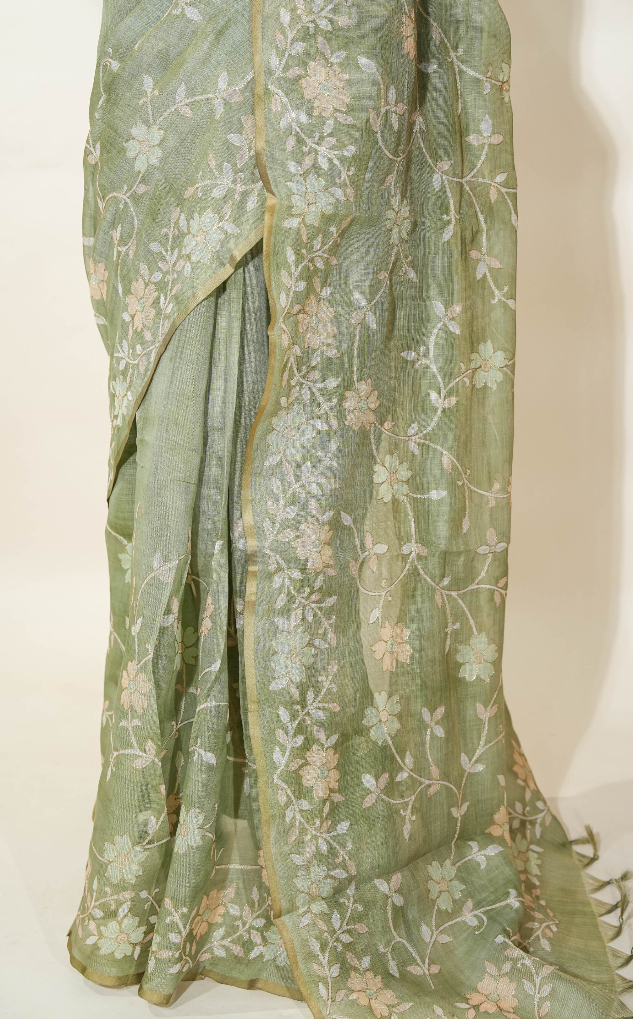 Green Printed Embroidery Tissue Saree