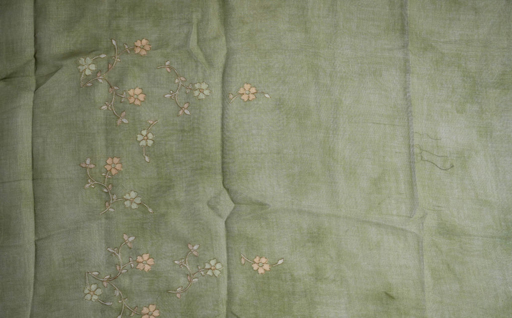 Green Printed Embroidery Tissue Saree