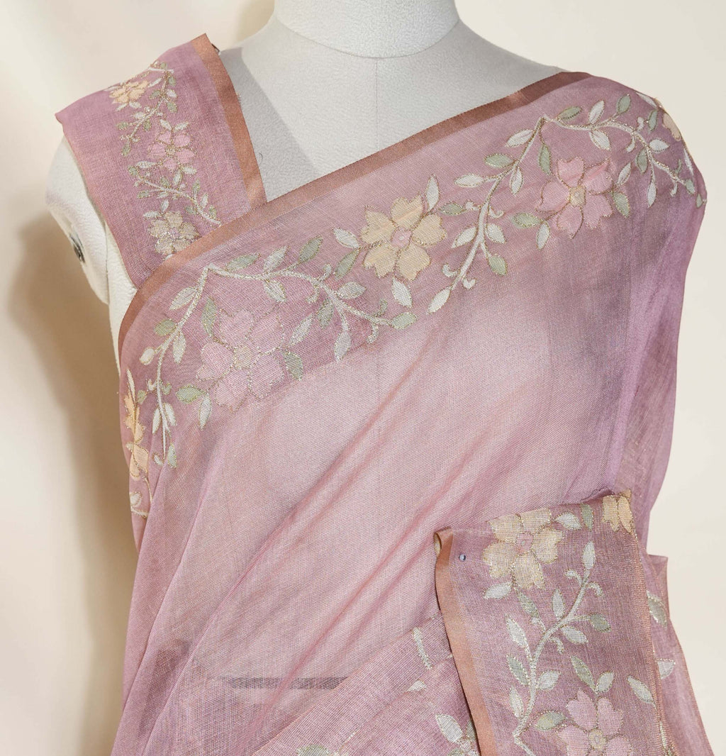 Pink Printed Embroidery Tissue Saree