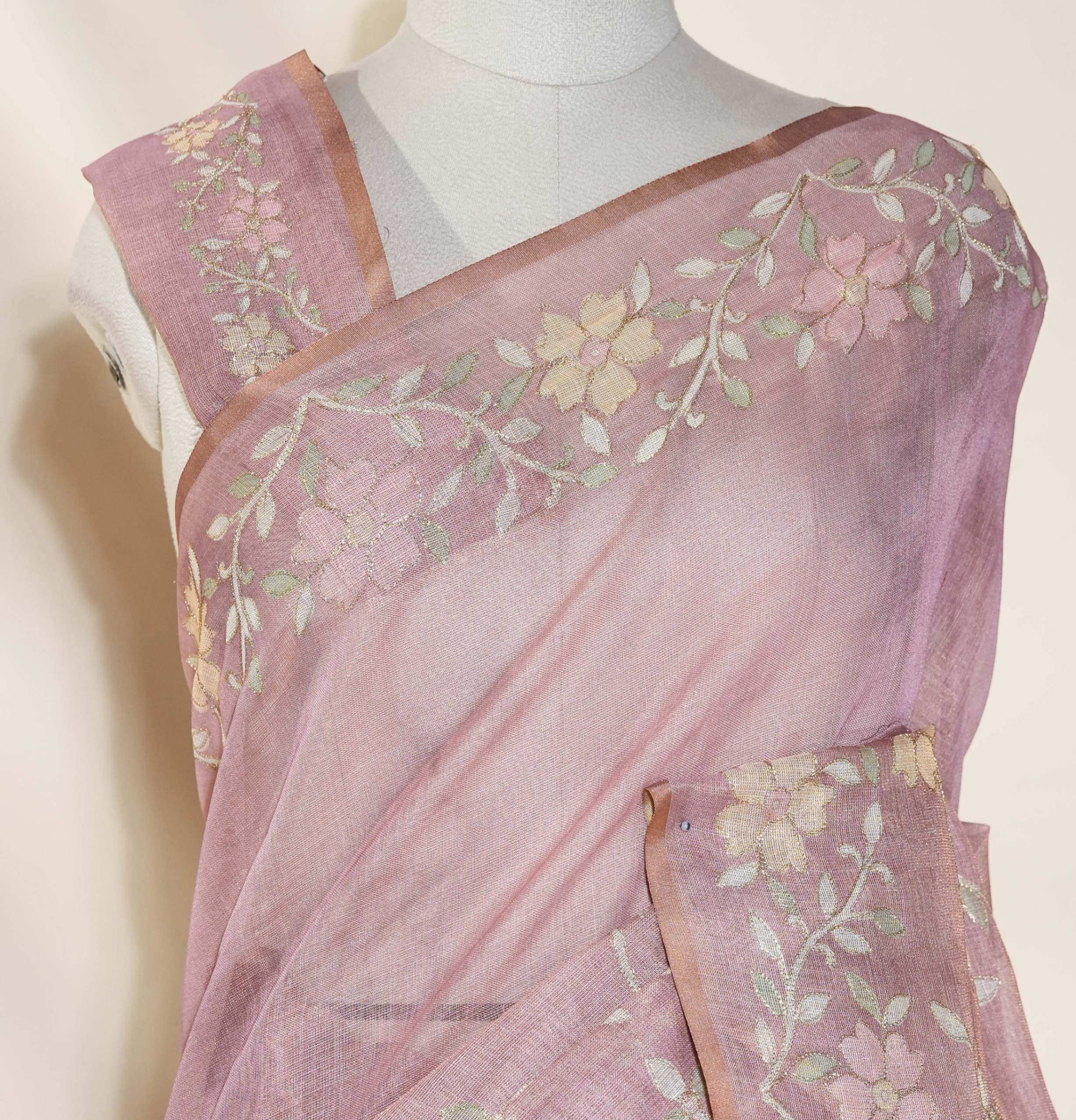 Pink Printed Embroidery Tissue Saree