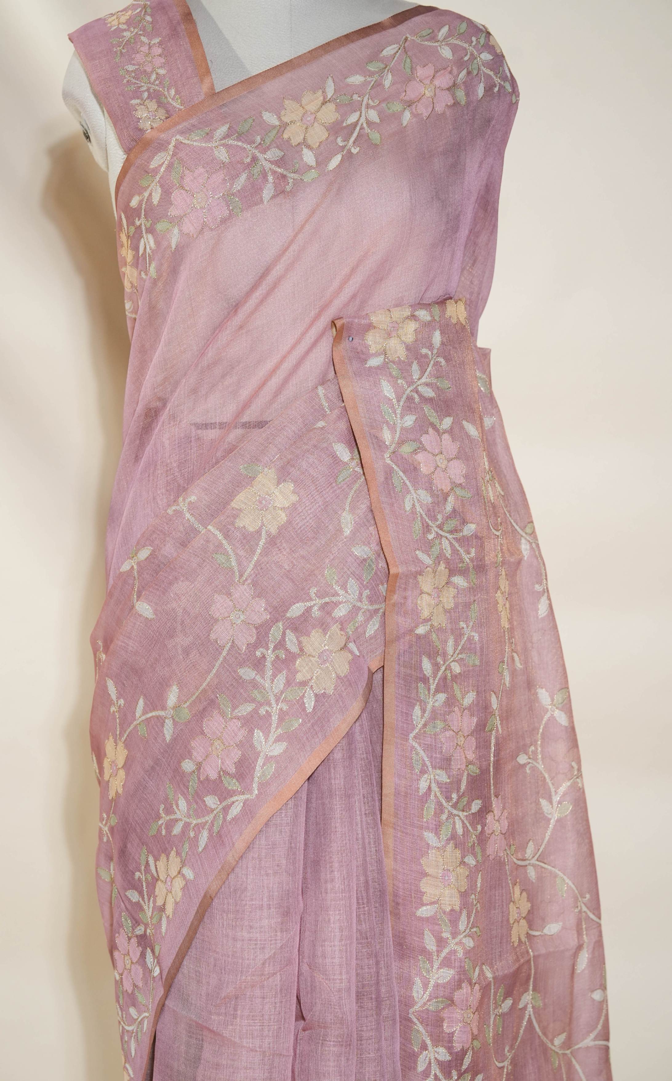 Pink Printed Embroidery Tissue Saree