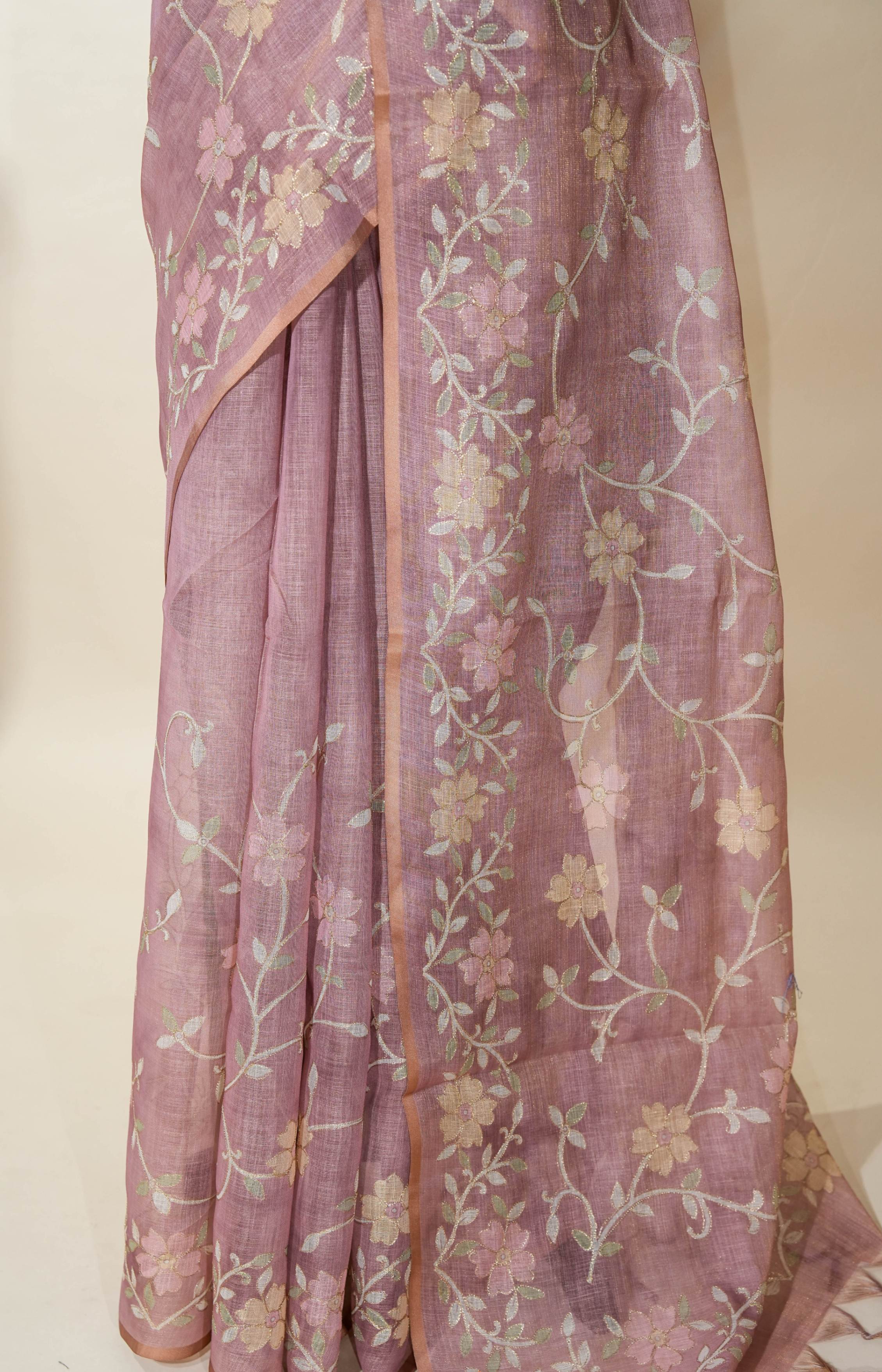Pink Printed Embroidery Tissue Saree