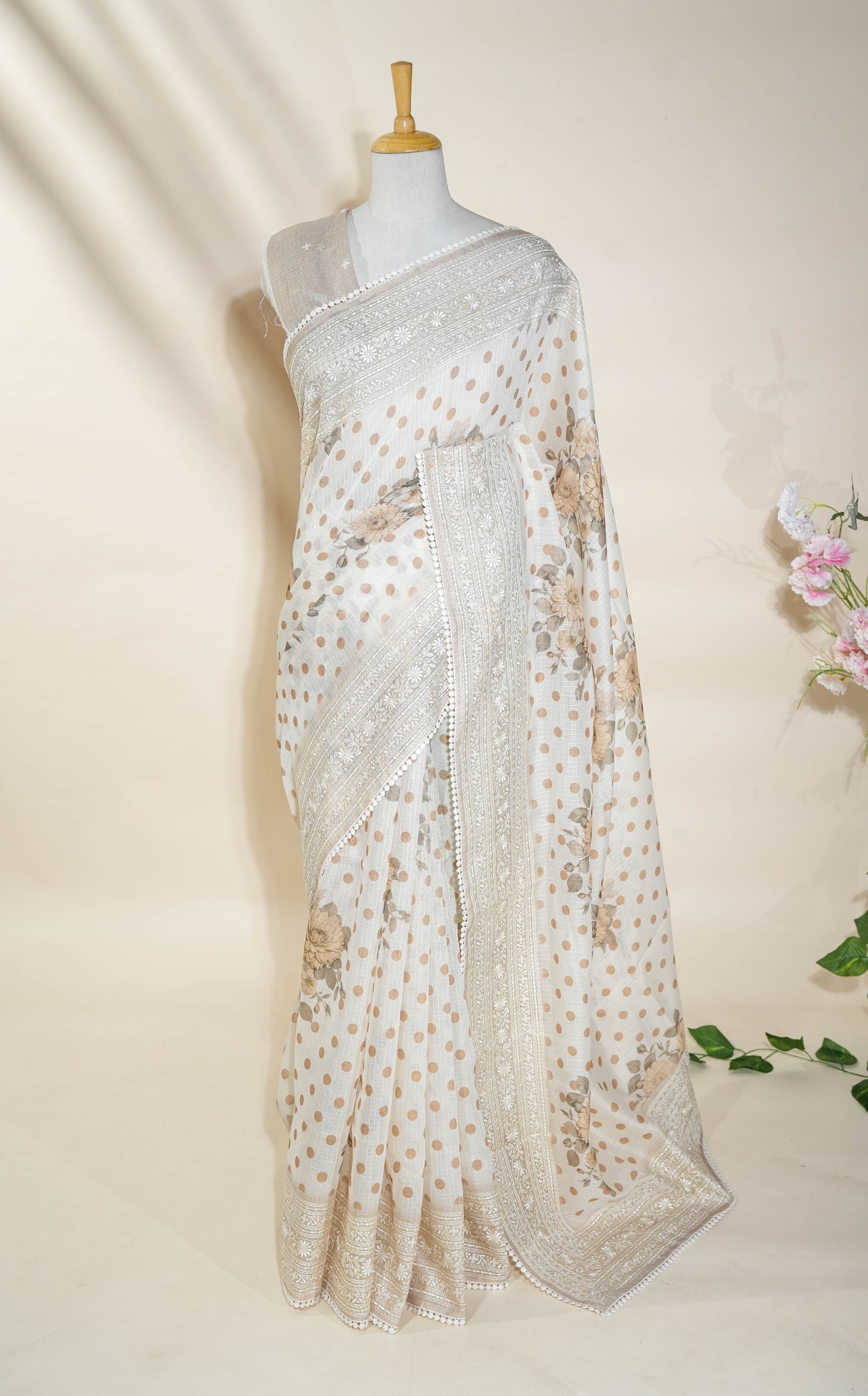 Off White Printed Embroidery Silk Kota Saree