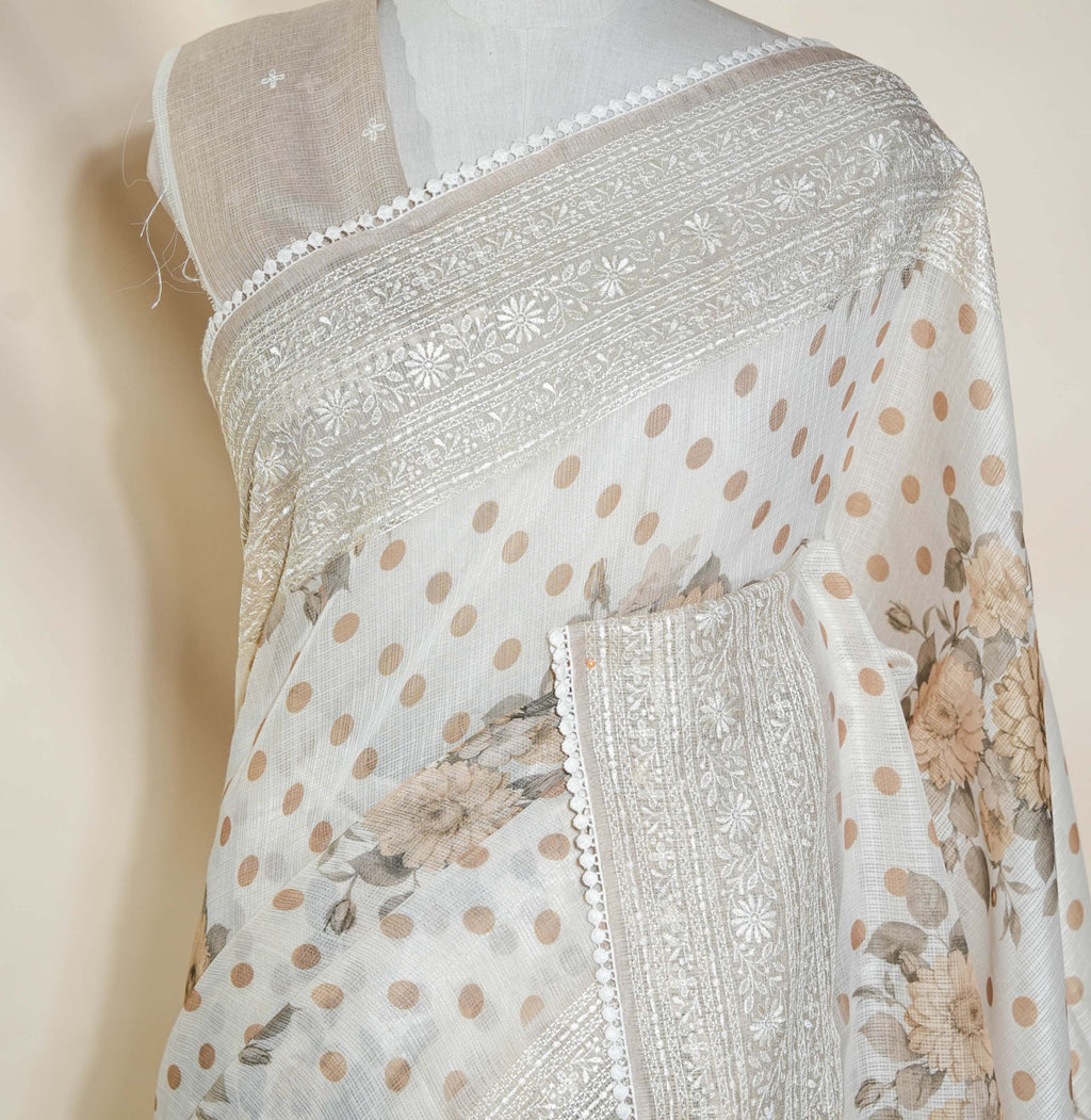 Off White Printed Embroidery Silk Kota Saree