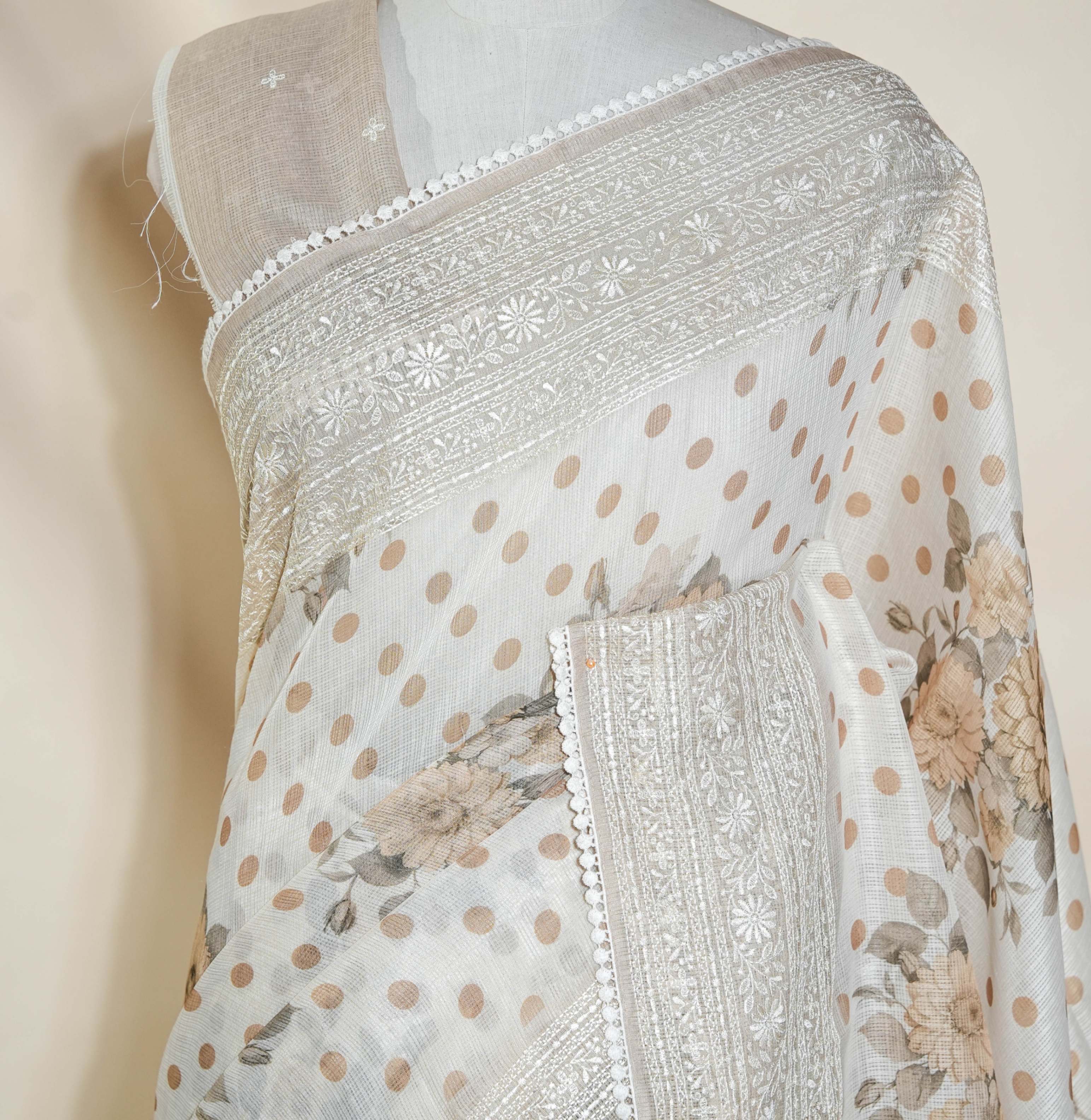 Off White Printed Embroidery Silk Kota Saree