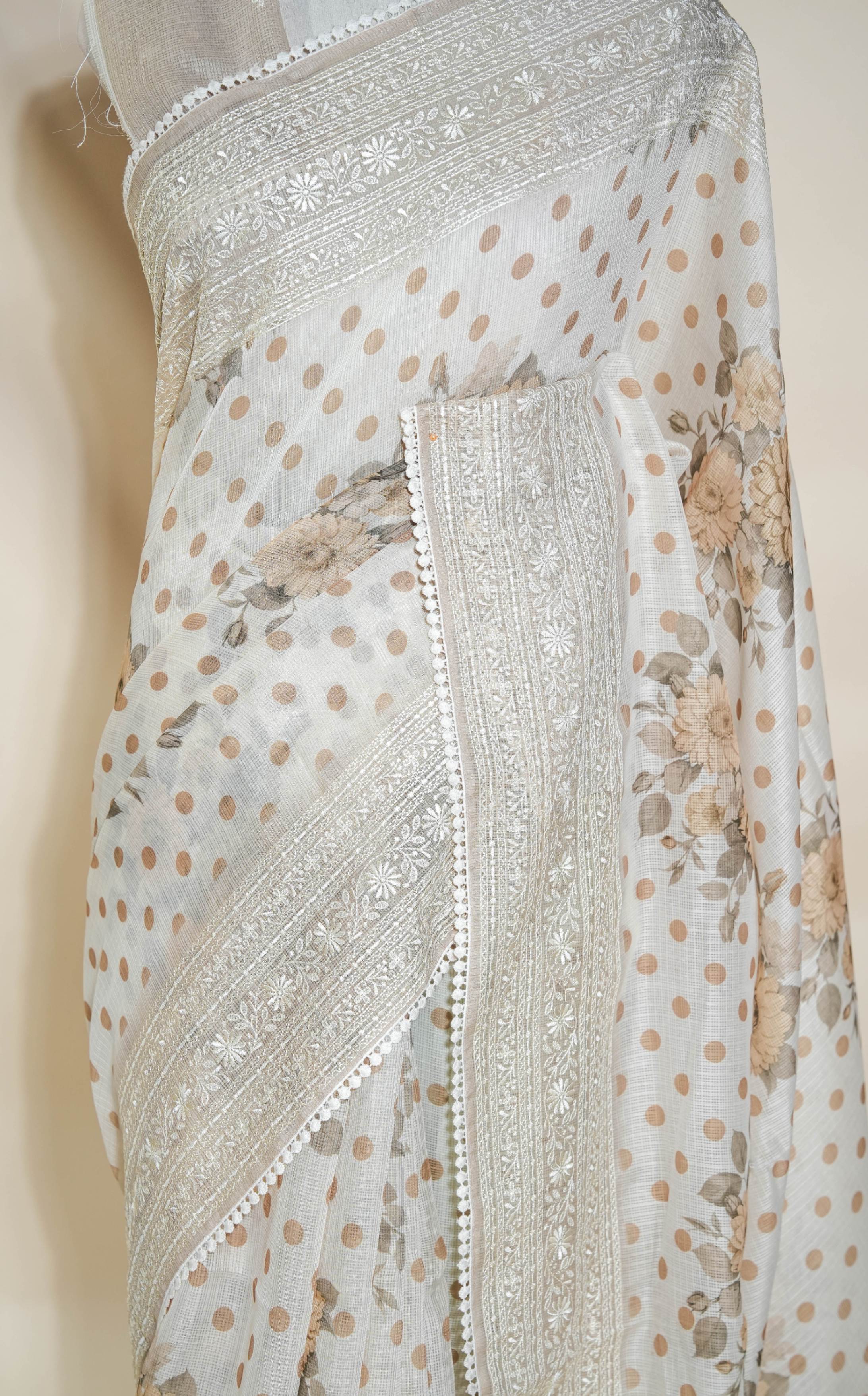 Off White Printed Embroidery Silk Kota Saree