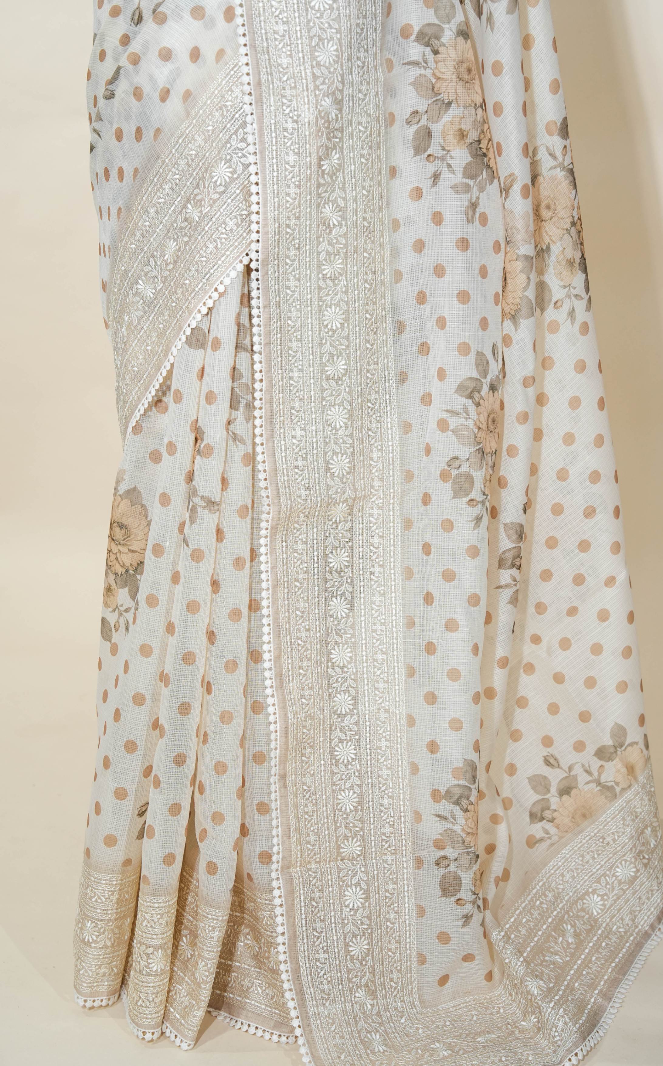 Off White Printed Embroidery Silk Kota Saree