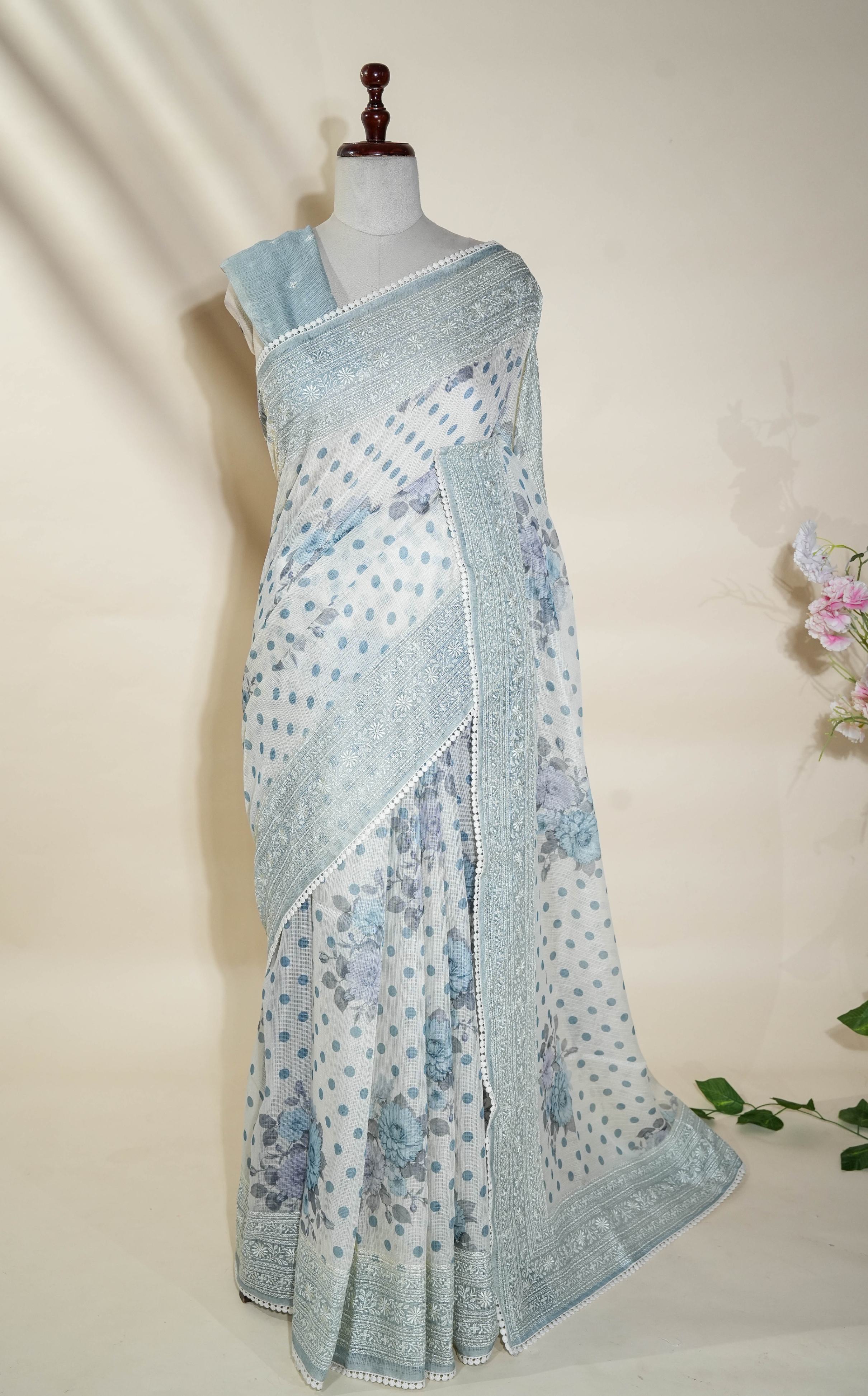 Off White Printed Embroidery Silk Kota Saree