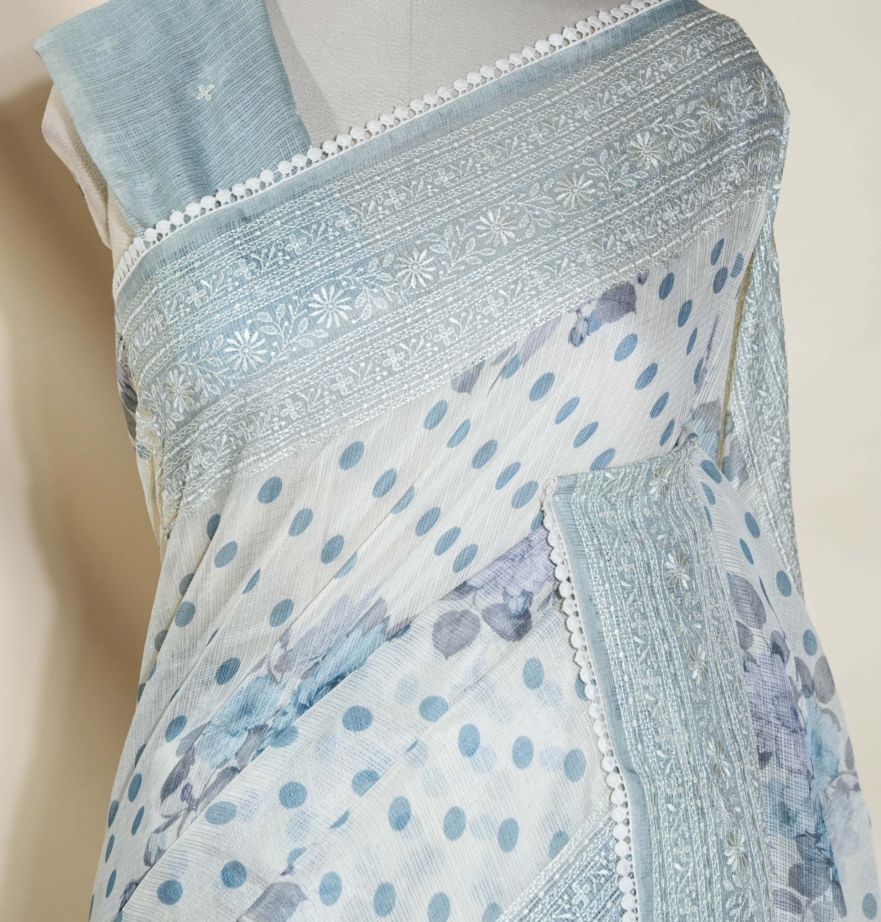 Off White Printed Embroidery Silk Kota Saree