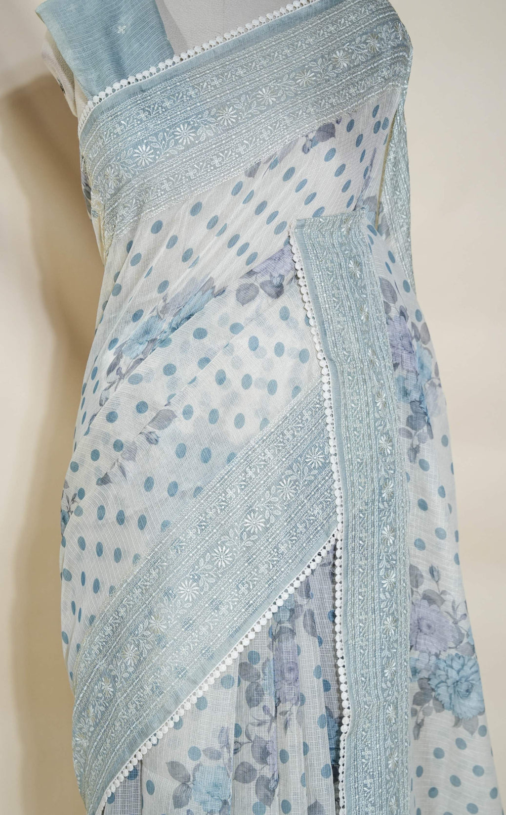 Off White Printed Embroidery Silk Kota Saree