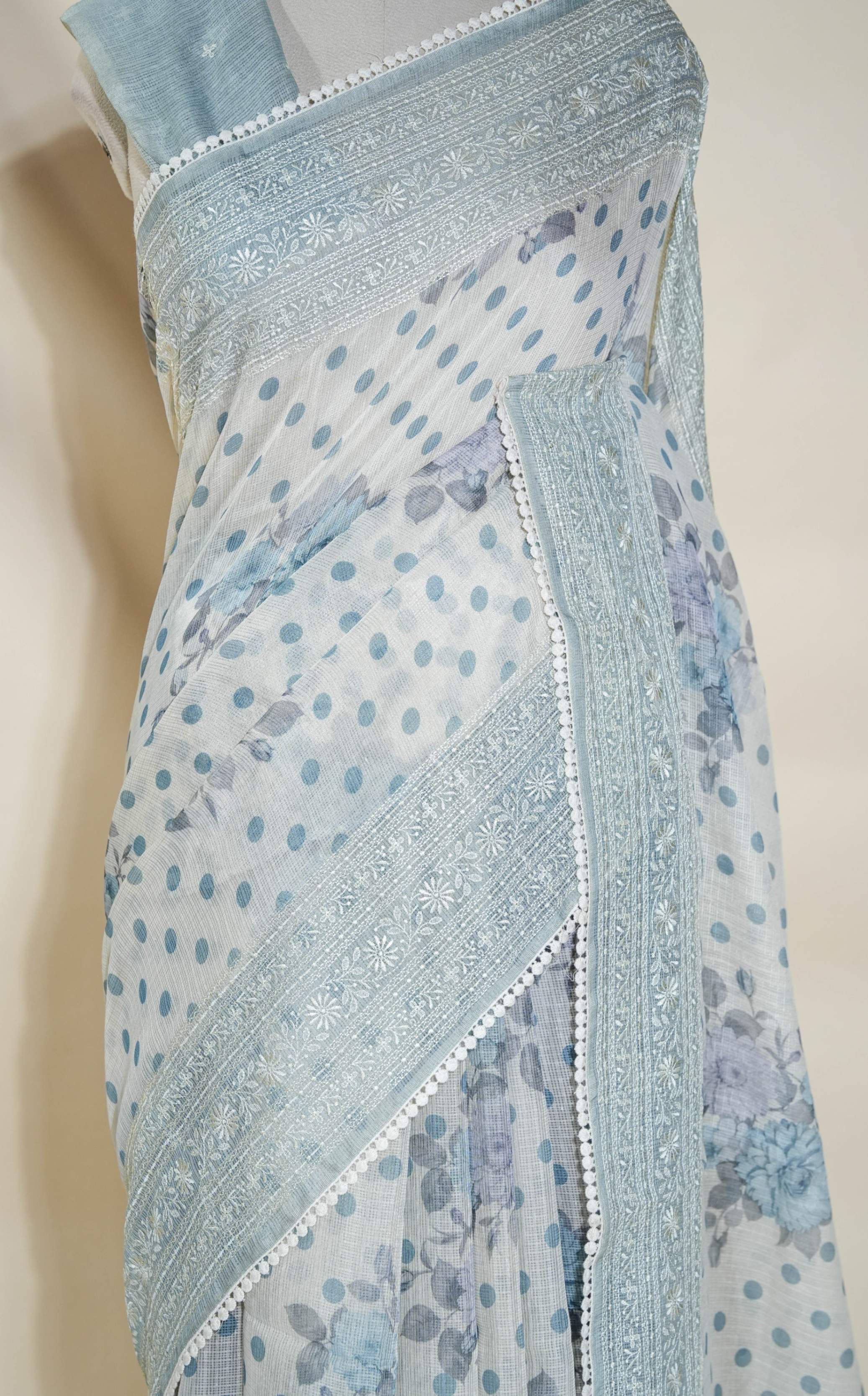 Off White Printed Embroidery Silk Kota Saree