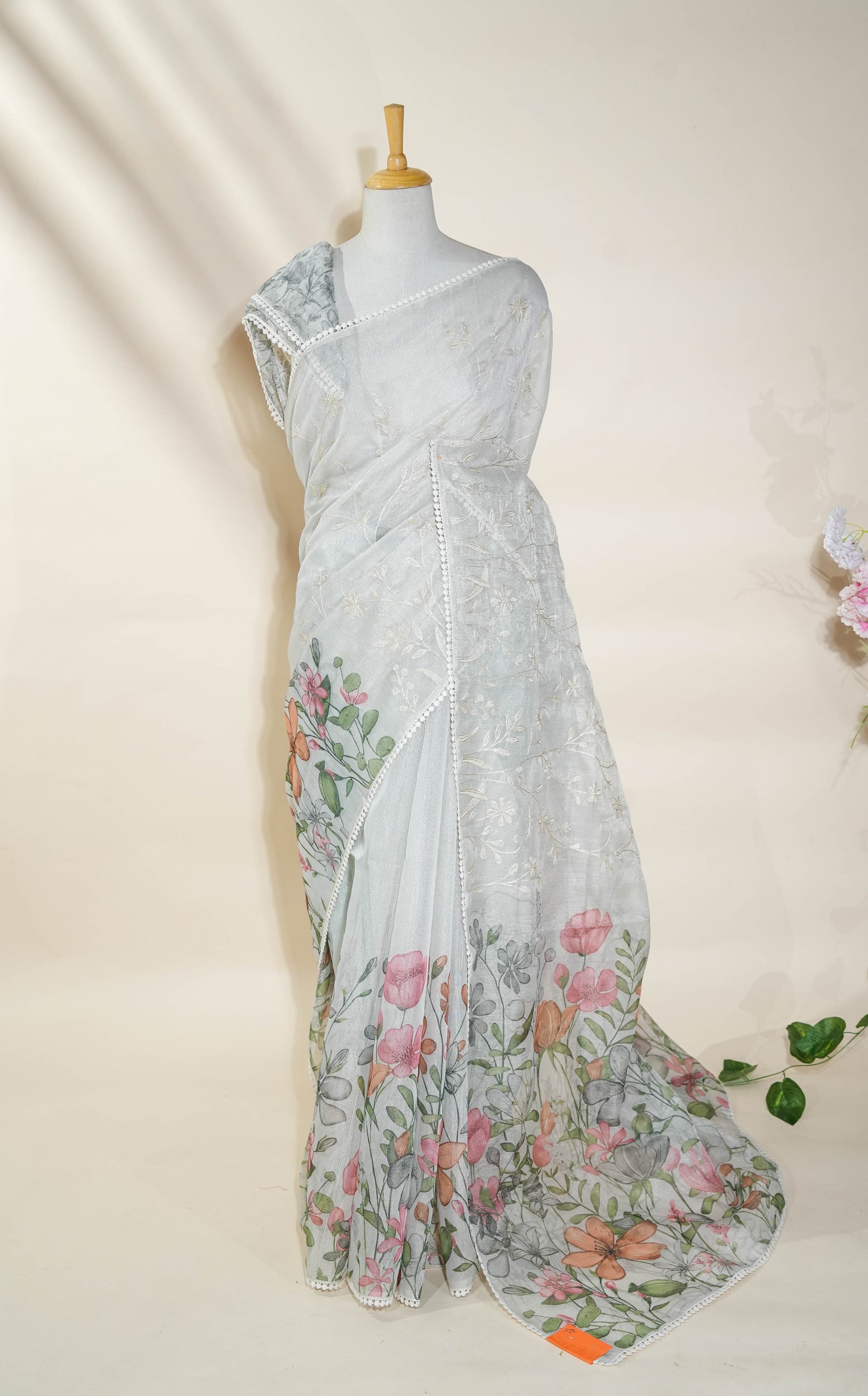 Silver Printed Embroidery Tissue Saree