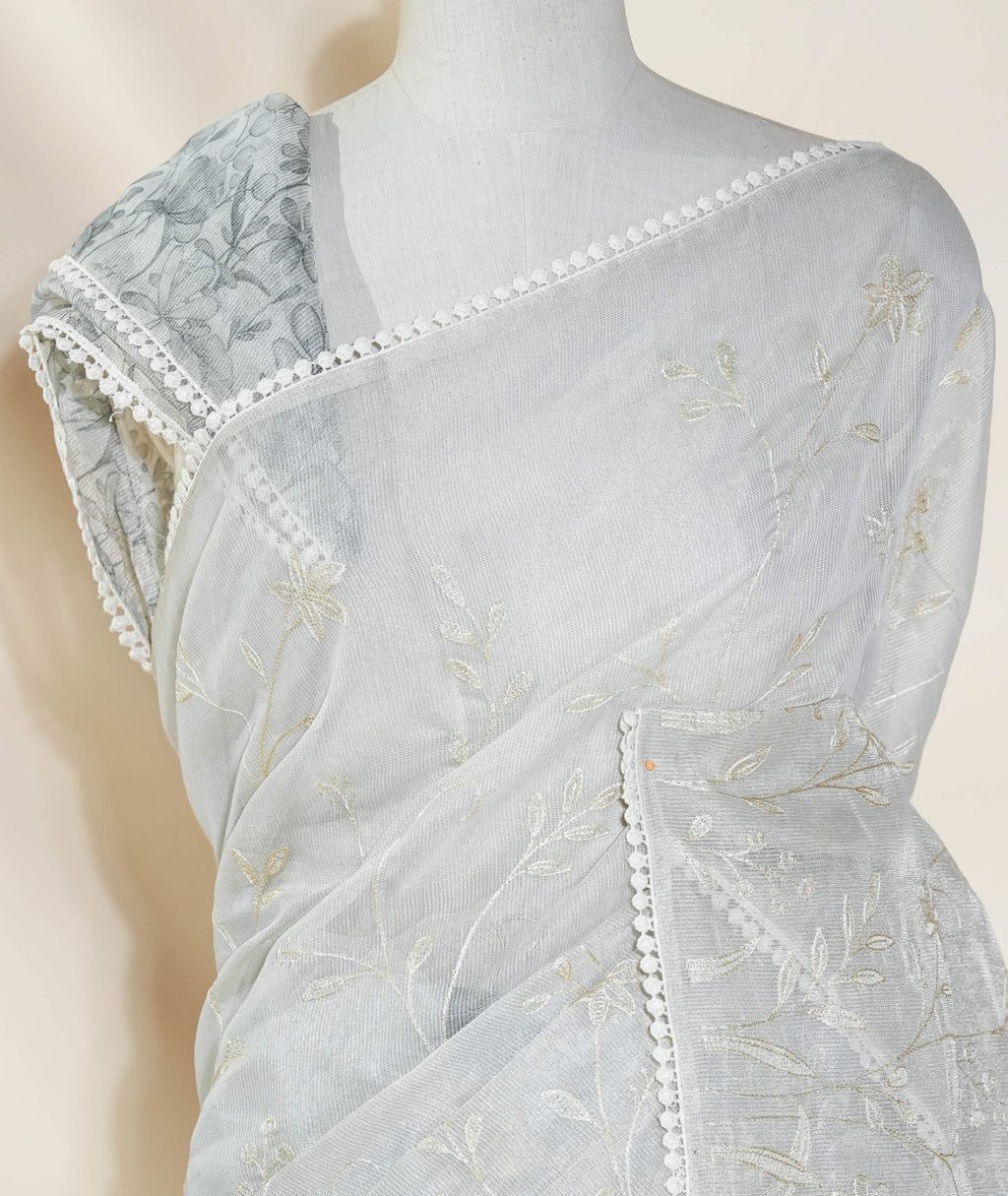 Silver Printed Embroidery Tissue Saree