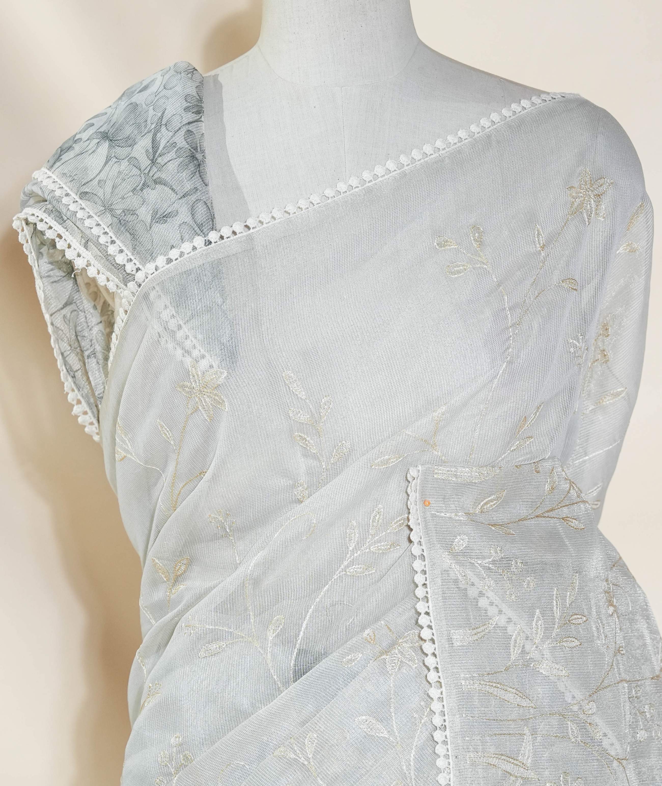 Silver Printed Embroidery Tissue Saree