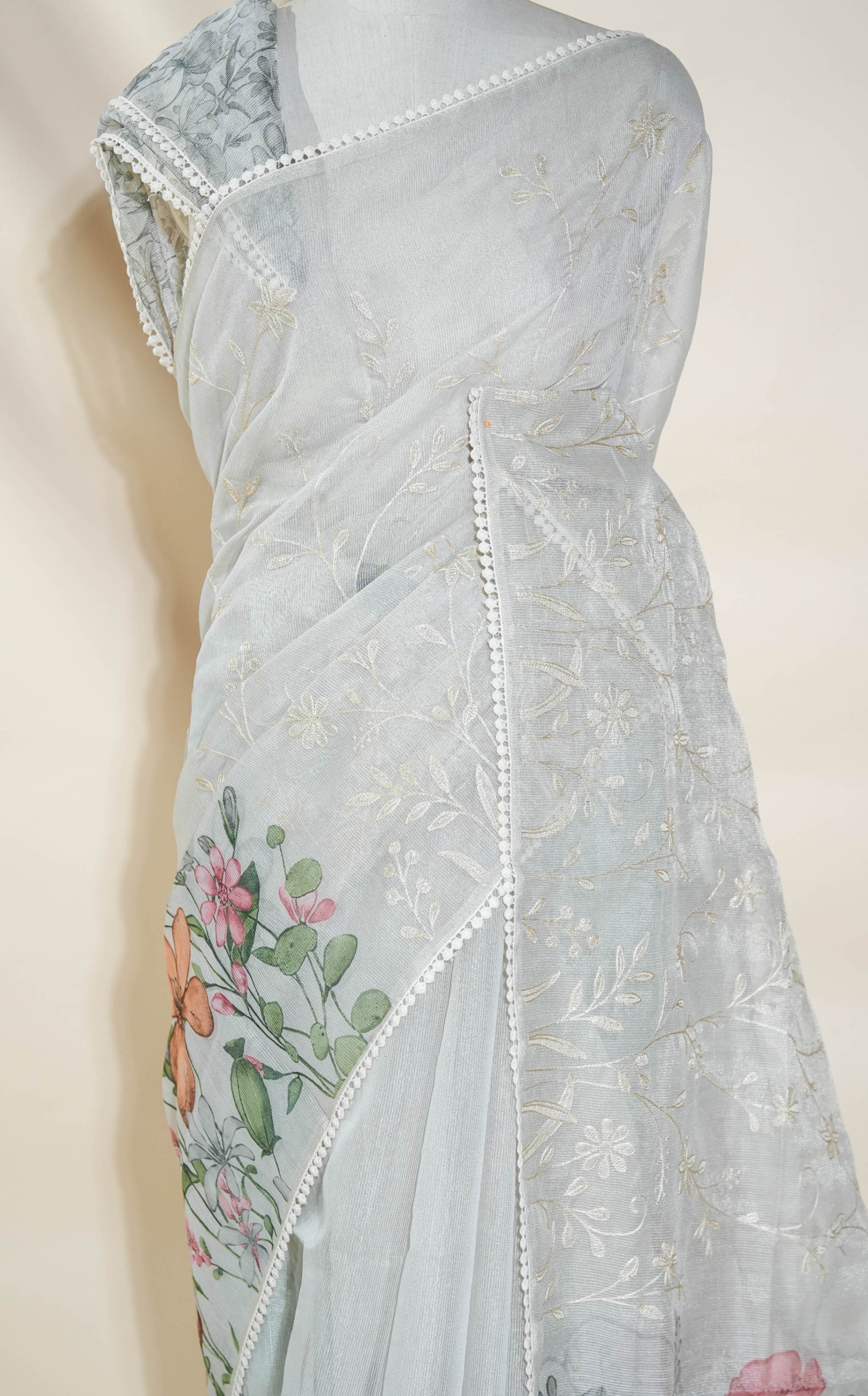 Silver Printed Embroidery Tissue Saree