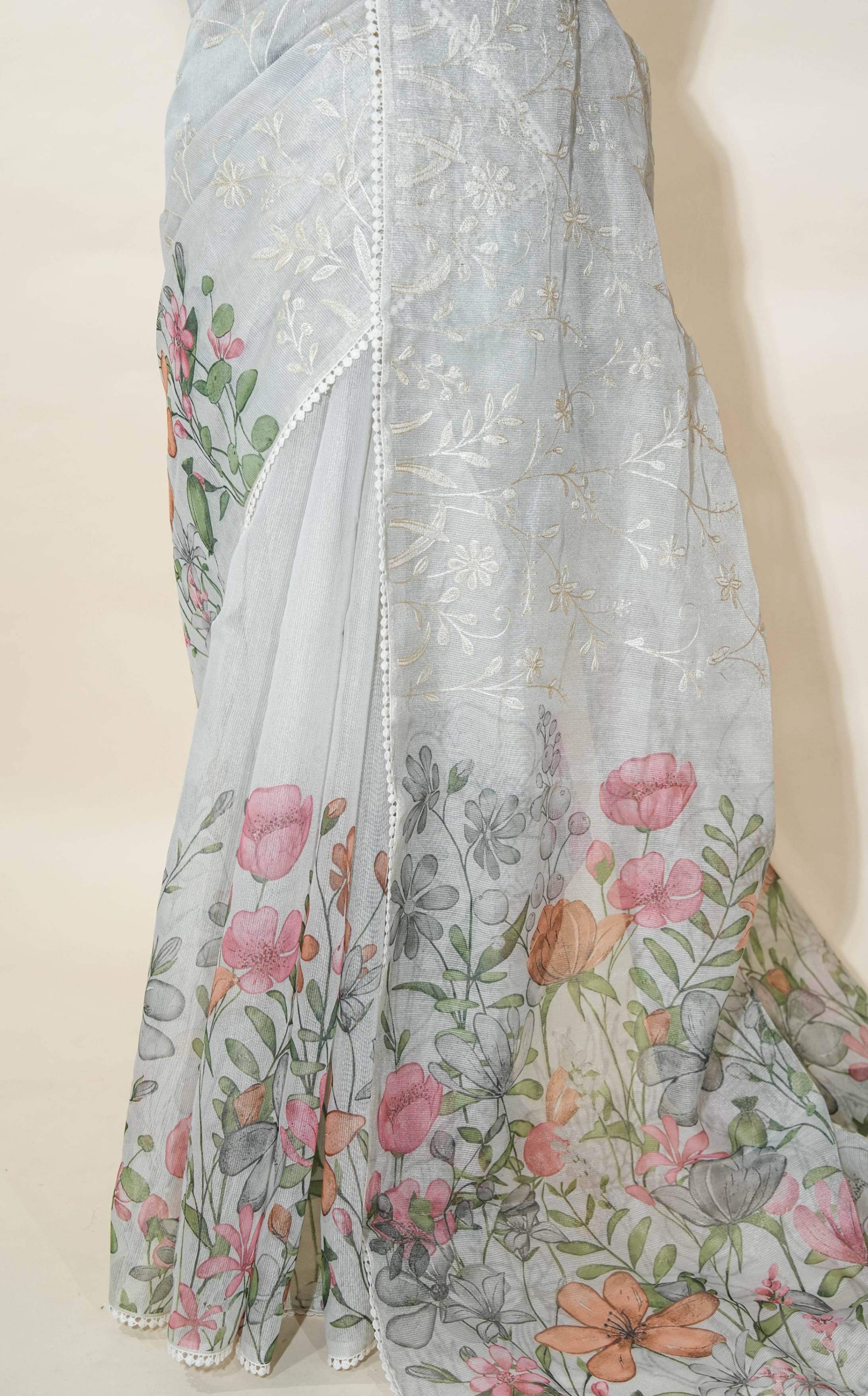 Silver Printed Embroidery Tissue Saree
