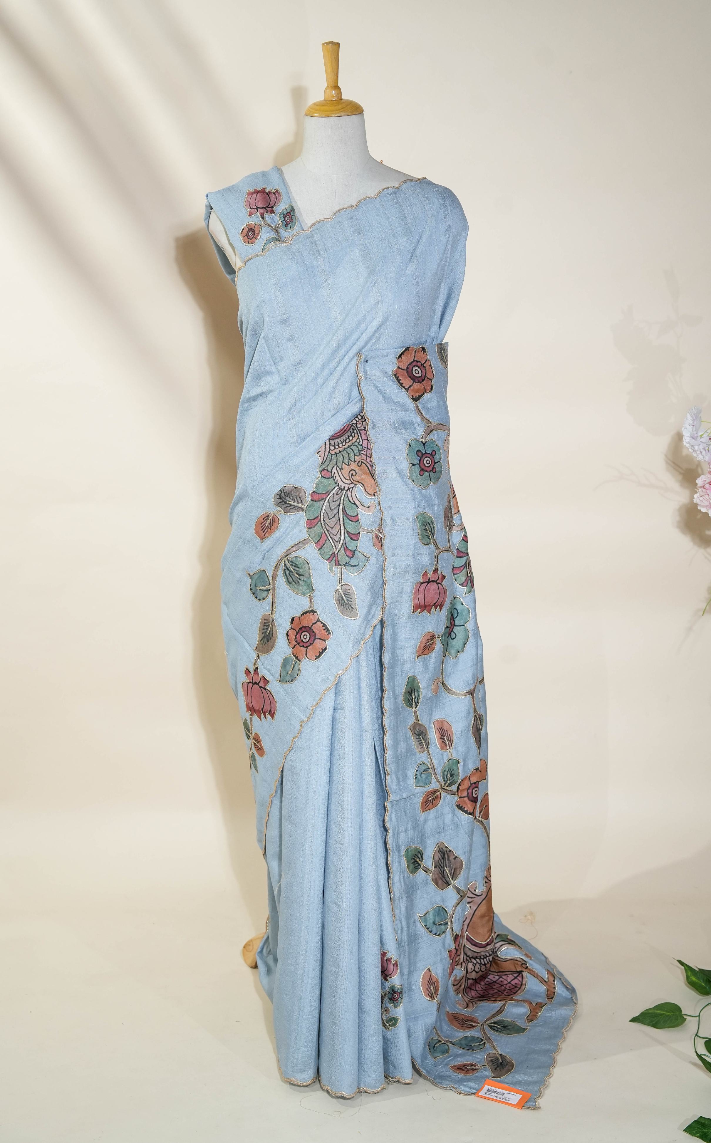 Grey Printed Embroidery Tussar Saree