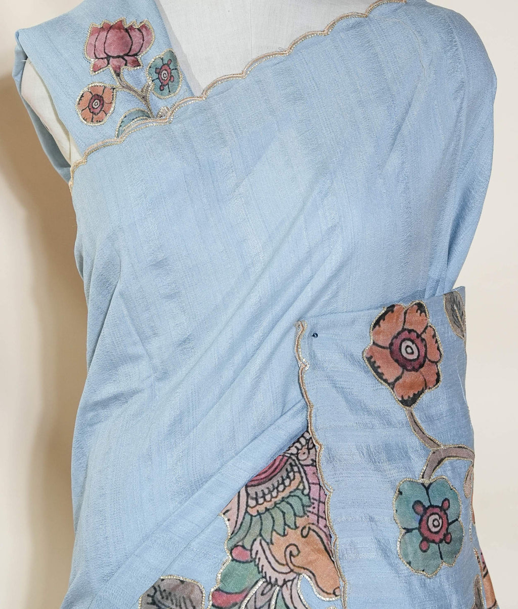 Grey Printed Embroidery Tussar Saree