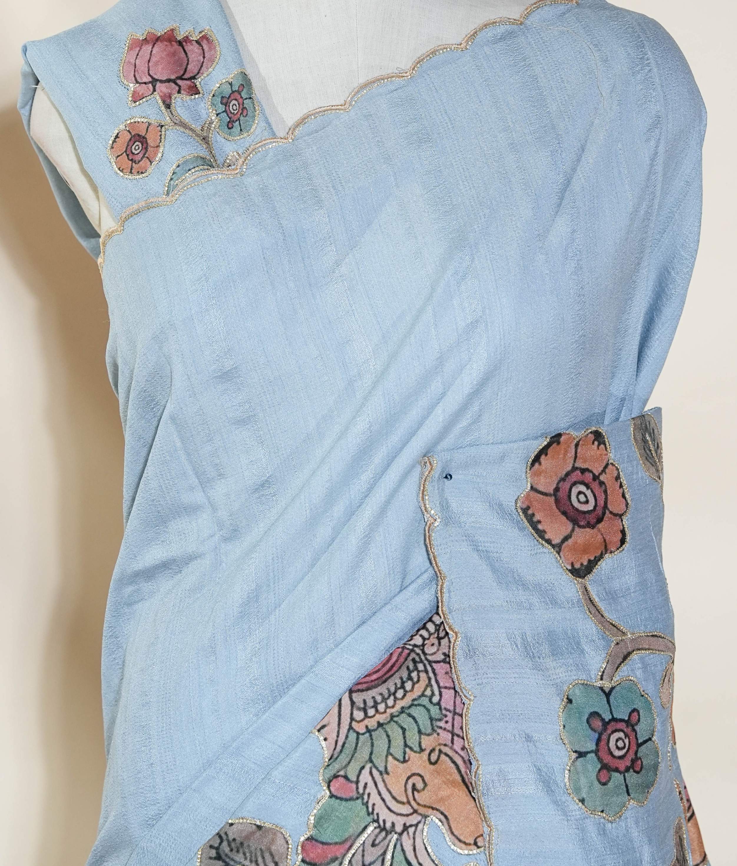 Grey Printed Embroidery Tussar Saree