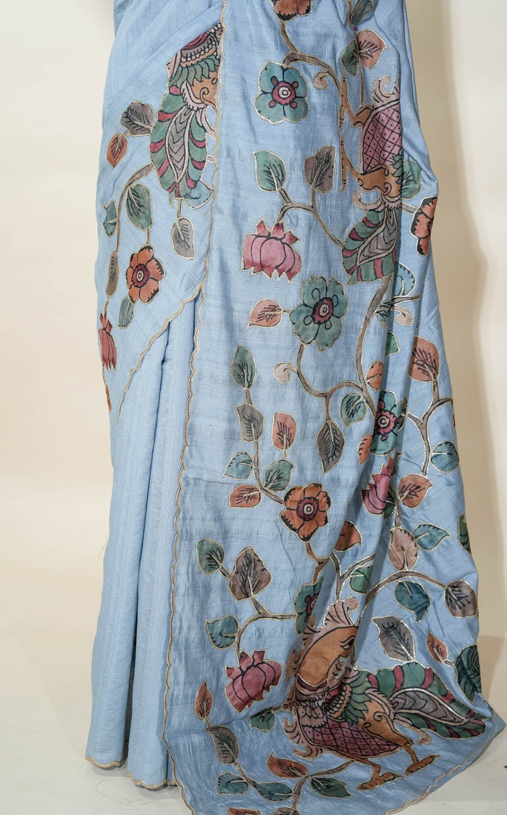 Grey Printed Embroidery Tussar Saree