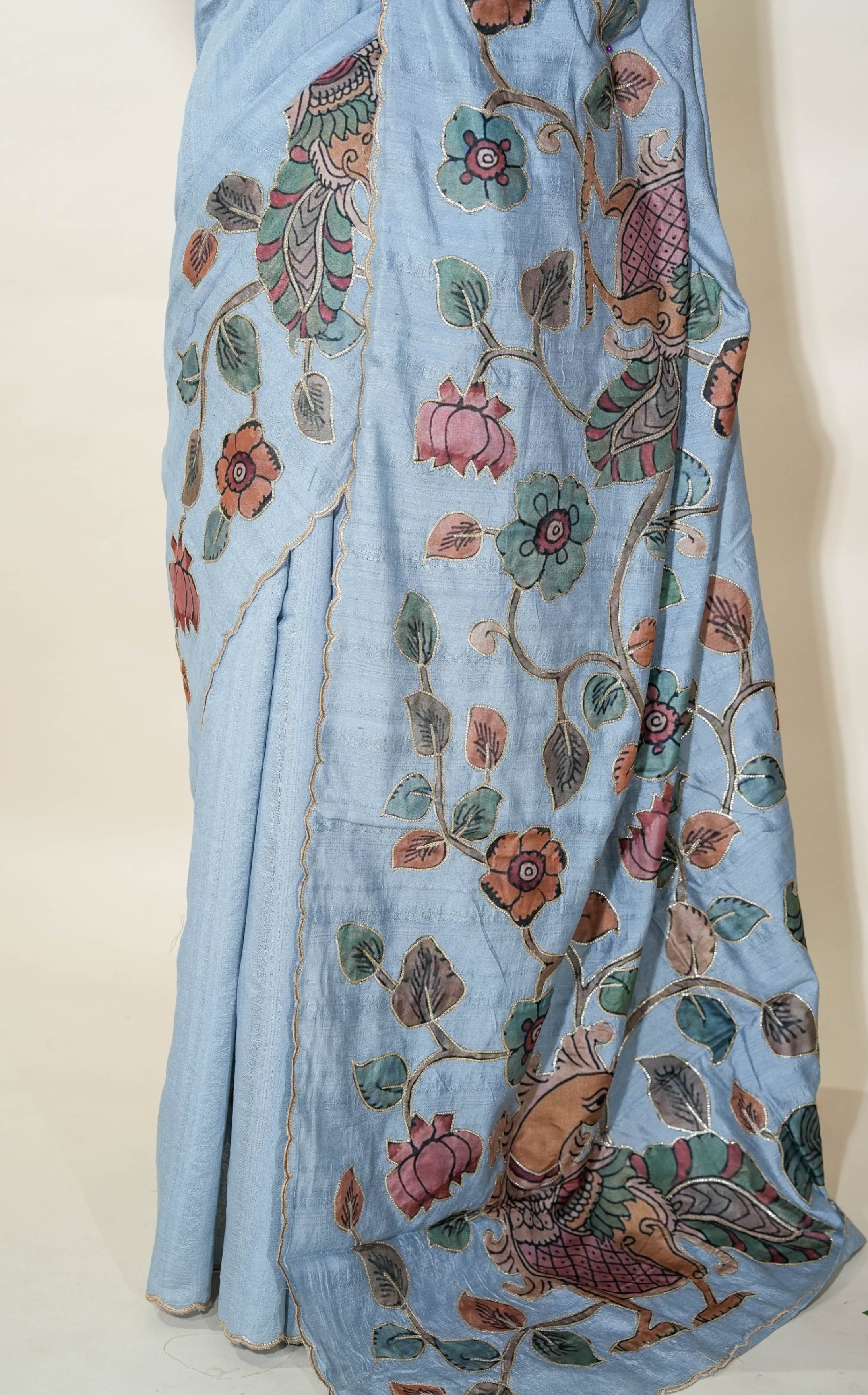 Grey Printed Embroidery Tussar Saree