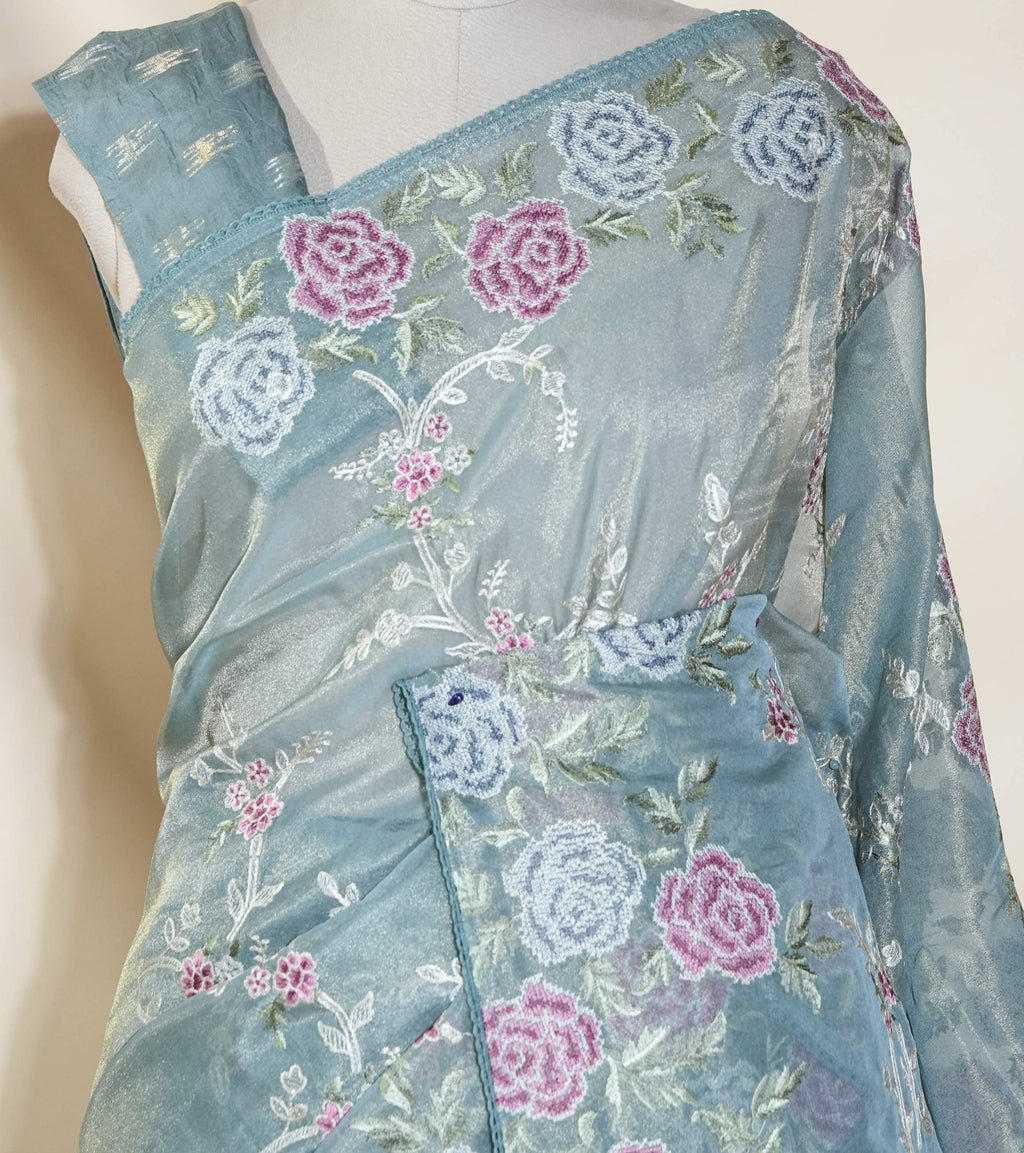 Silver Embroidery Tissue Saree