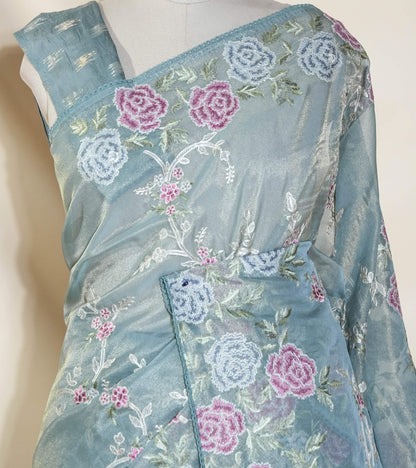 Silver Embroidery Tissue Saree