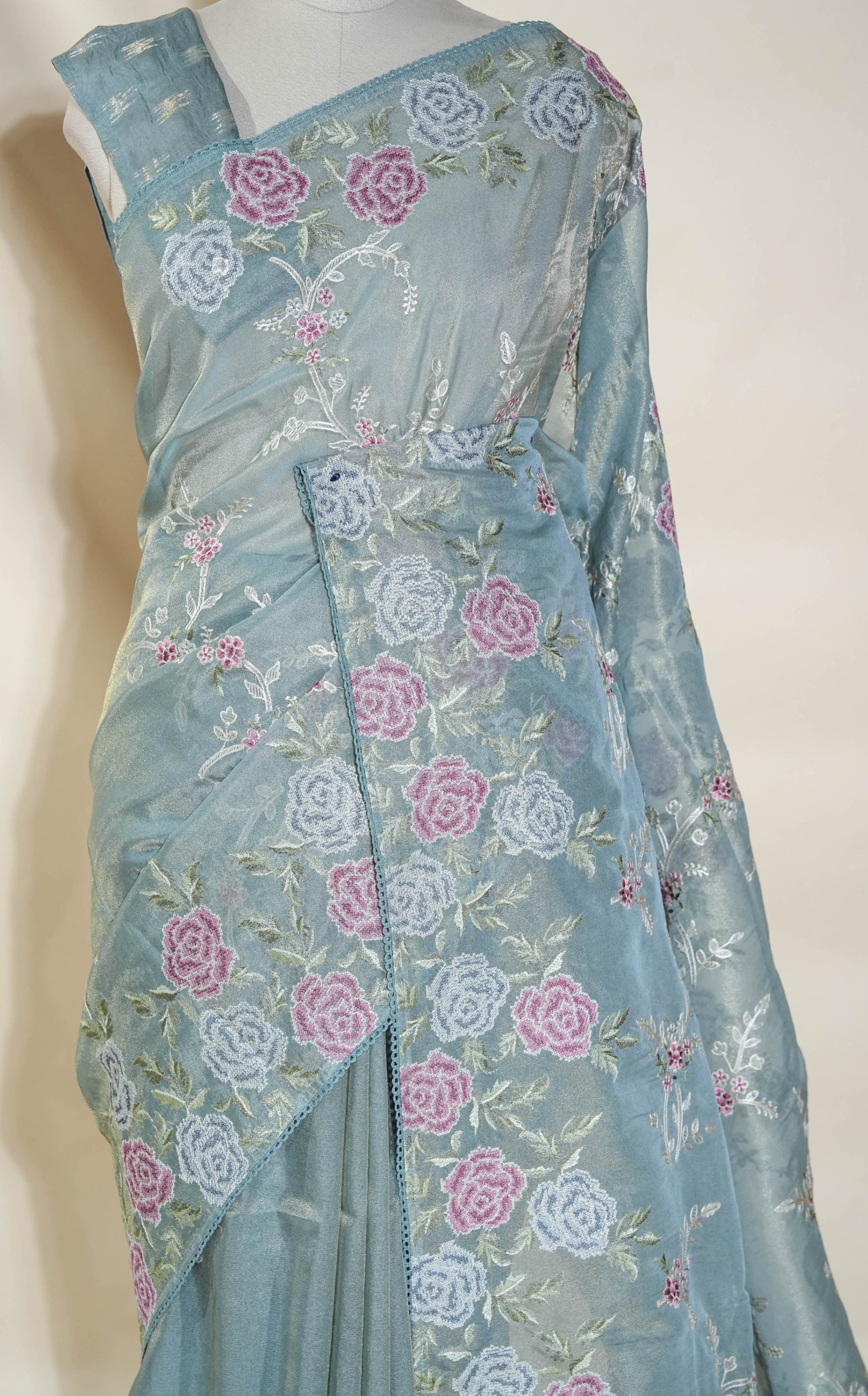 Silver Embroidery Tissue Saree